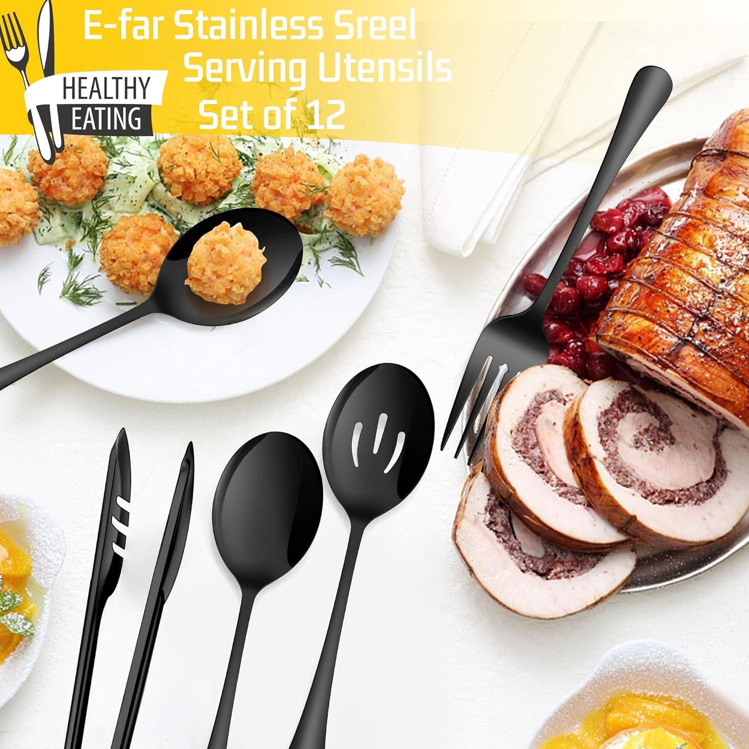 image12Piece Large Serving Utensils Set Efar Stainless Steel 98 Inch Serving Slotted Spoons 99 Inch Fork 94 Inch Tong for Buffet Catering Banquet Mirror Finish amp Dishwasher SafeBlack12