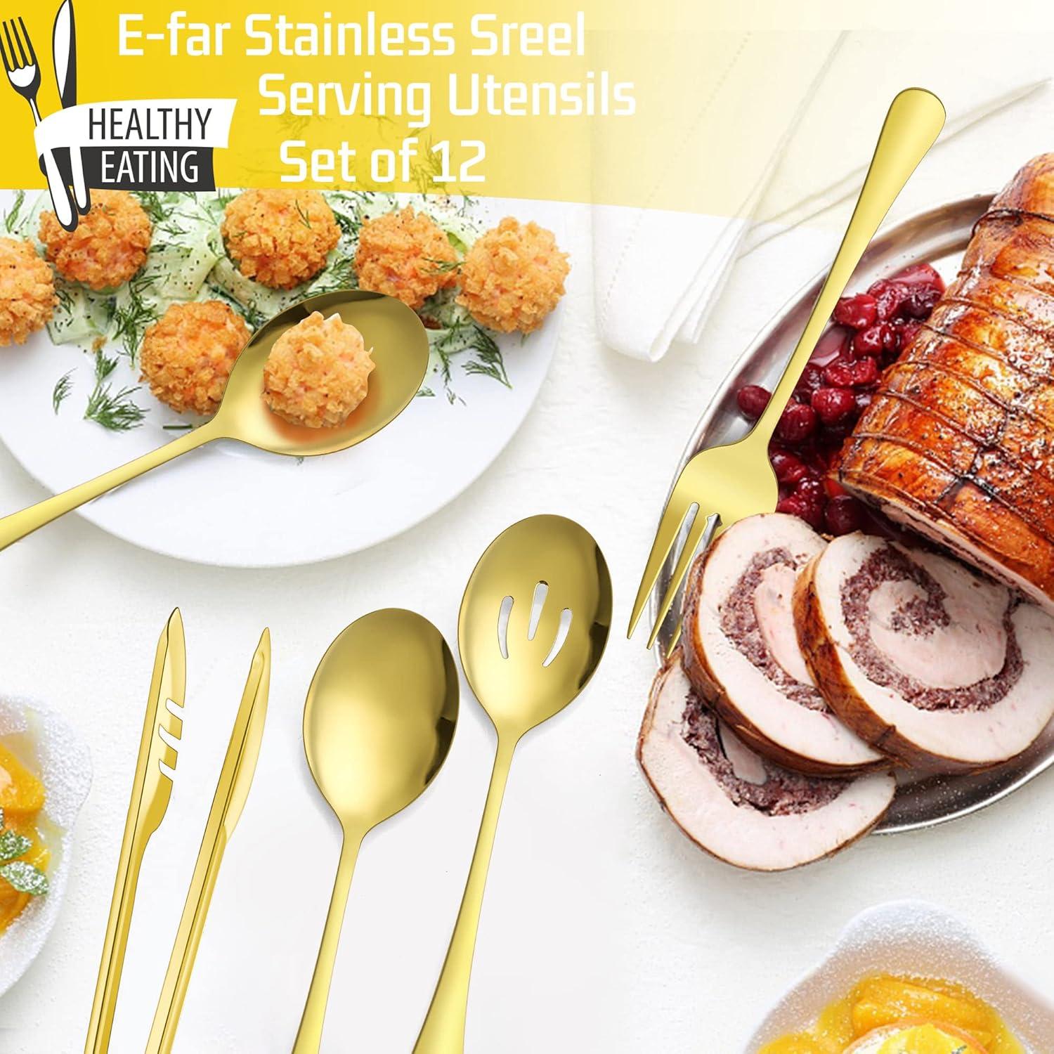 image12Piece Large Serving Utensils Set Efar Stainless Steel 98 Inch Serving Slotted Spoons 99 Inch Fork 94 Inch Tong for Buffet Catering Banquet Mirror Finish amp Dishwasher SafeGold12