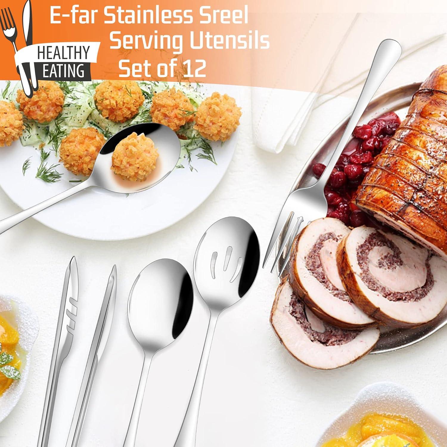 image12Piece Large Serving Utensils Set Efar Stainless Steel 98 Inch Serving Slotted Spoons 99 Inch Fork 94 Inch Tong for Buffet Catering Banquet Mirror Finish amp Dishwasher SafeSilver12