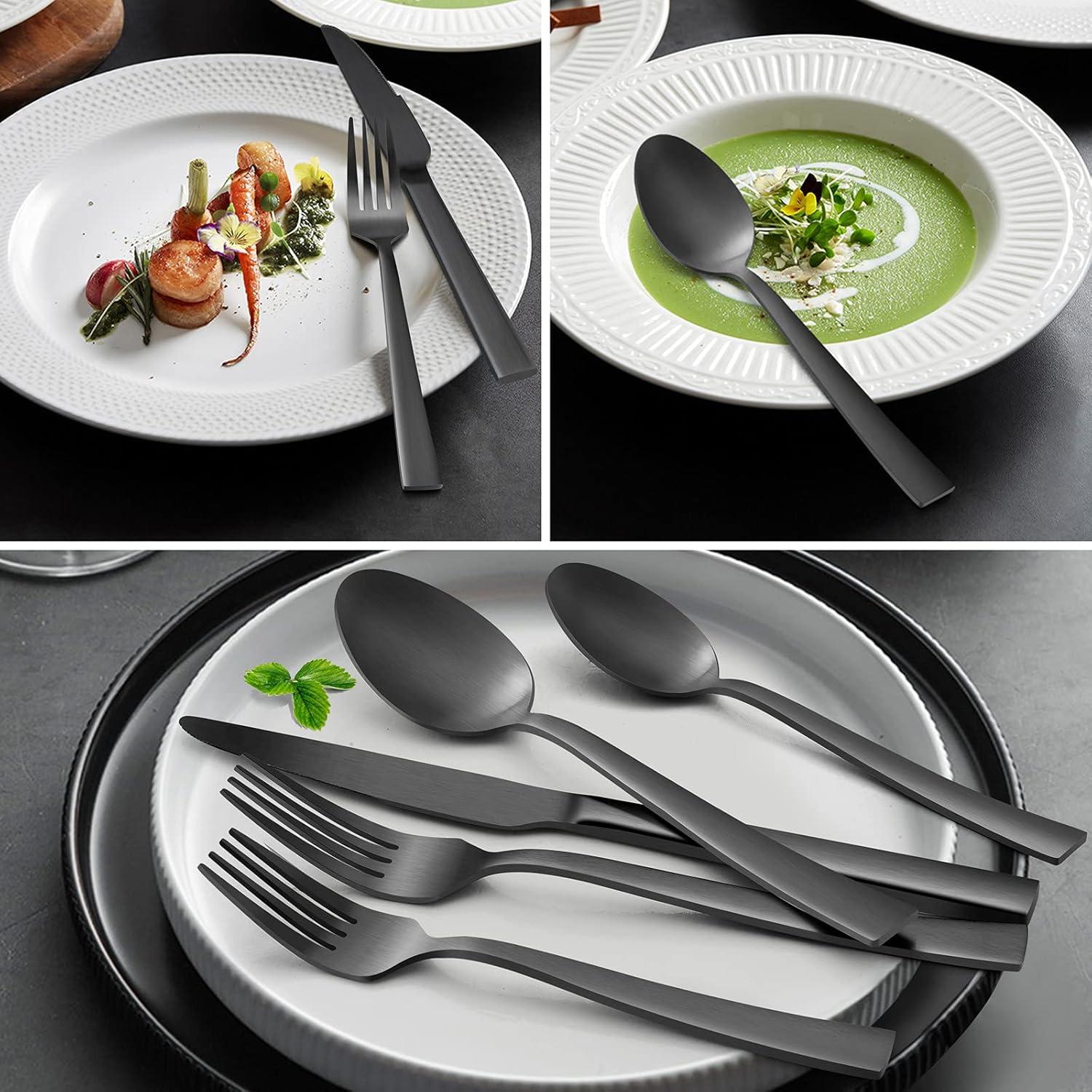 image20Piece Matte Black Silverware Set Efar Stainless Steel Flatware Set Service for 4 Metal Cutlery Eating Utensils Tableware Includes ForksSpoonsKnives Square EdgeBlack