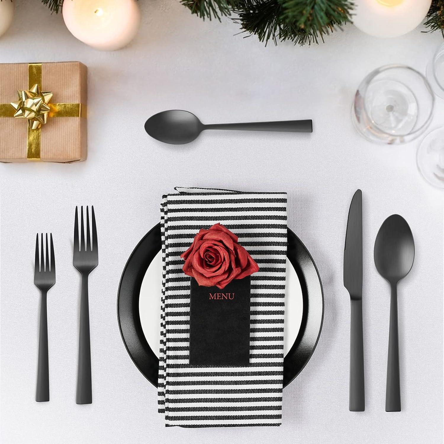 image20Piece Matte Black Silverware Set Efar Stainless Steel Flatware Set Service for 4 Metal Cutlery Eating Utensils Tableware Includes ForksSpoonsKnives Square EdgeBlack