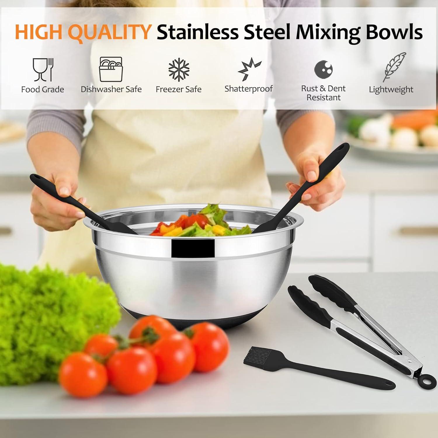 image22Piece Mixing Bowls with Teal Blue Lids amp Accessories Set Efar Stainless Steel Nesting Bowls with Covers amp NonSlip Bottoms Metal Bowls for CookingBakingServingStorage Size 73525151 QTBlack