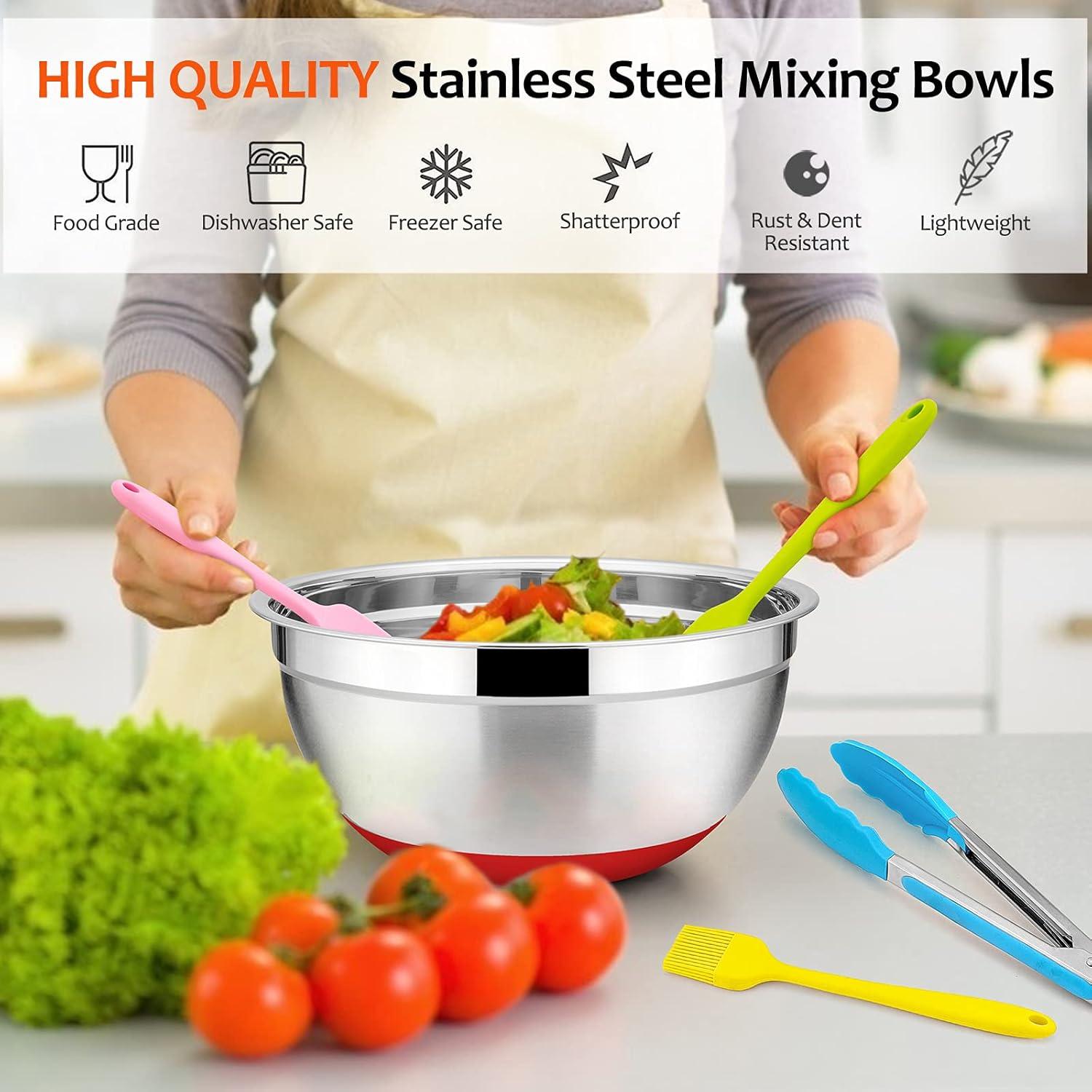 image22Piece Mixing Bowls with Teal Blue Lids amp Accessories Set Efar Stainless Steel Nesting Bowls with Covers amp NonSlip Bottoms Metal Bowls for CookingBakingServingStorage Size 73525151 QTColorful