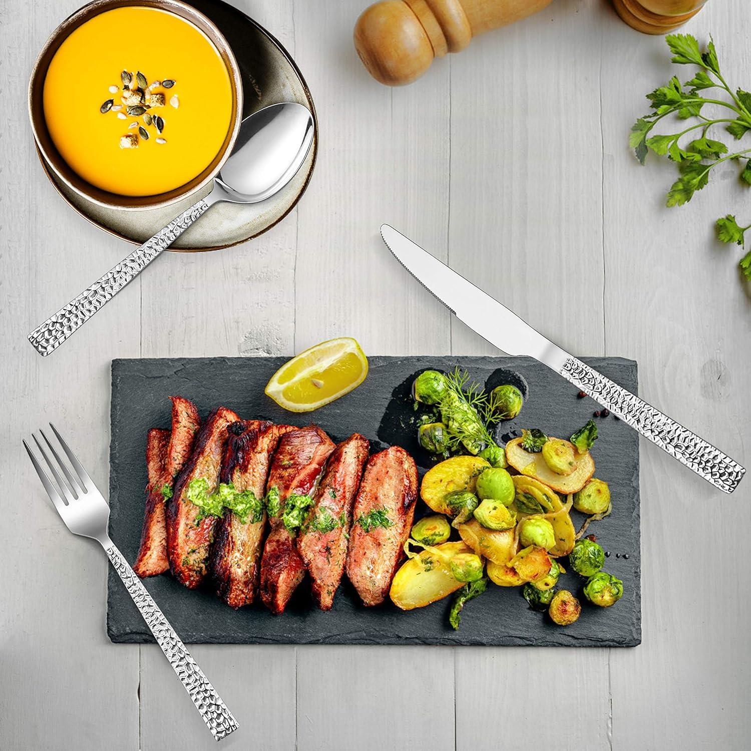 image65Piece Silverware Set with Serving Pieces Efar Stainless Steel Hammered Flatware Eating Utensils Service for 12 Modern Tableware Cutlery Set with Square Edge Mirror Polished Dishwasher Safe65Piece