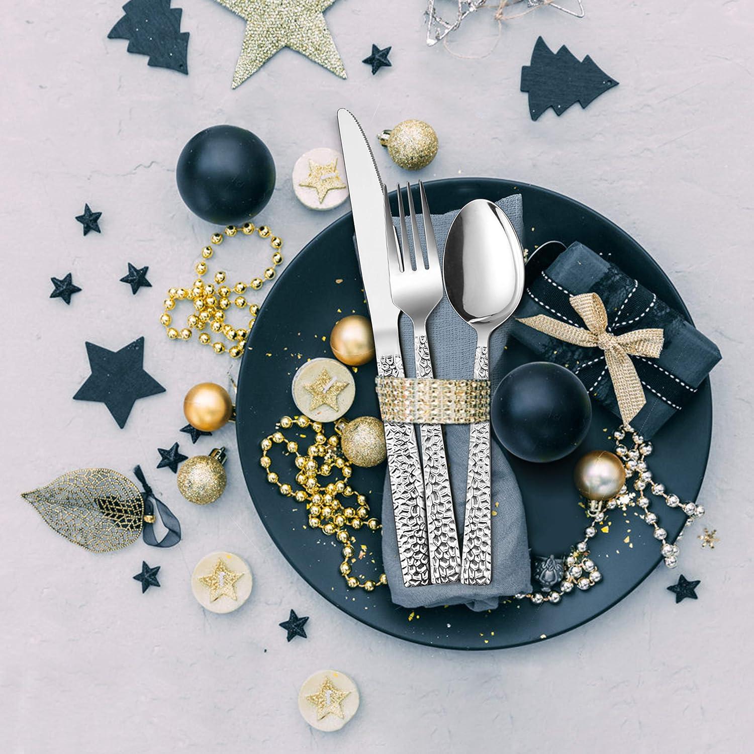 image65Piece Silverware Set with Serving Pieces Efar Stainless Steel Hammered Flatware Eating Utensils Service for 12 Modern Tableware Cutlery Set with Square Edge Mirror Polished Dishwasher Safe45Piece
