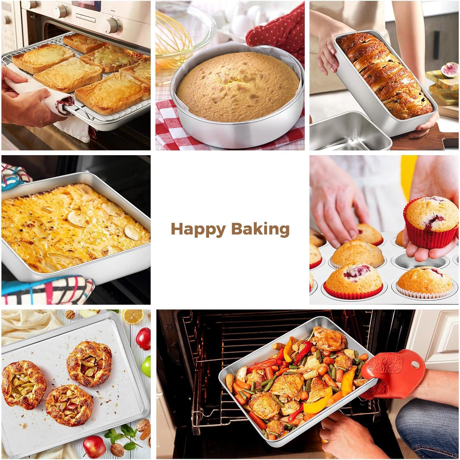 image8 x 8Inch Baking Pan Efar Square Cake Brownie Baking Pans Stainless Steel Bakeware Set of 3 Fits in Small Toaster Oven Nontoxic amp Dishwasher Safe9Piece Set