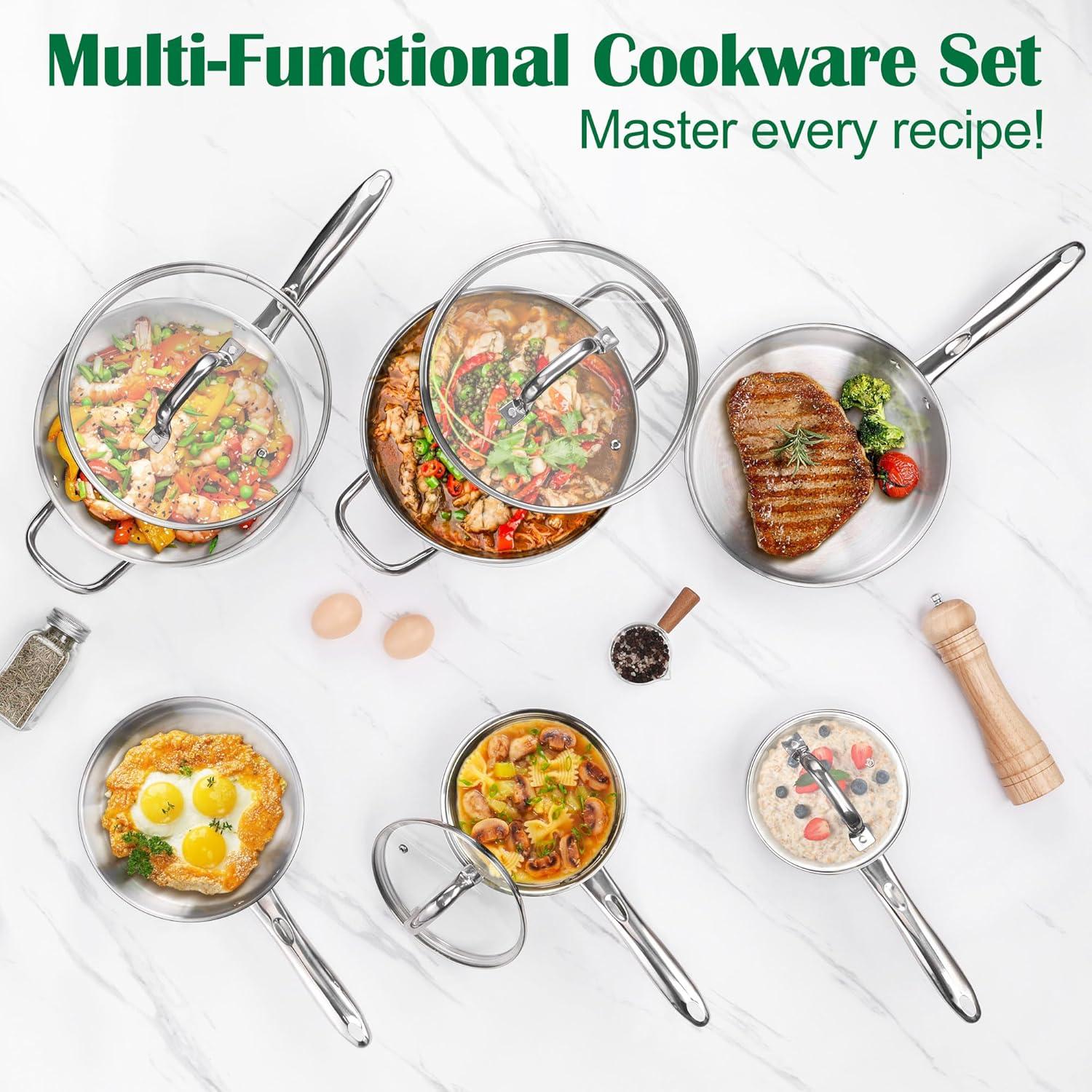 imageEfar 10Piece Stainless Steel Cookware Set Induction Pots and Pans Set with TriPly Base Nontoxic Kitchen Cooking Set wFrying Pan Saucepan Saute Pan Stockpot with Lids Oven amp Dishwasher Safe