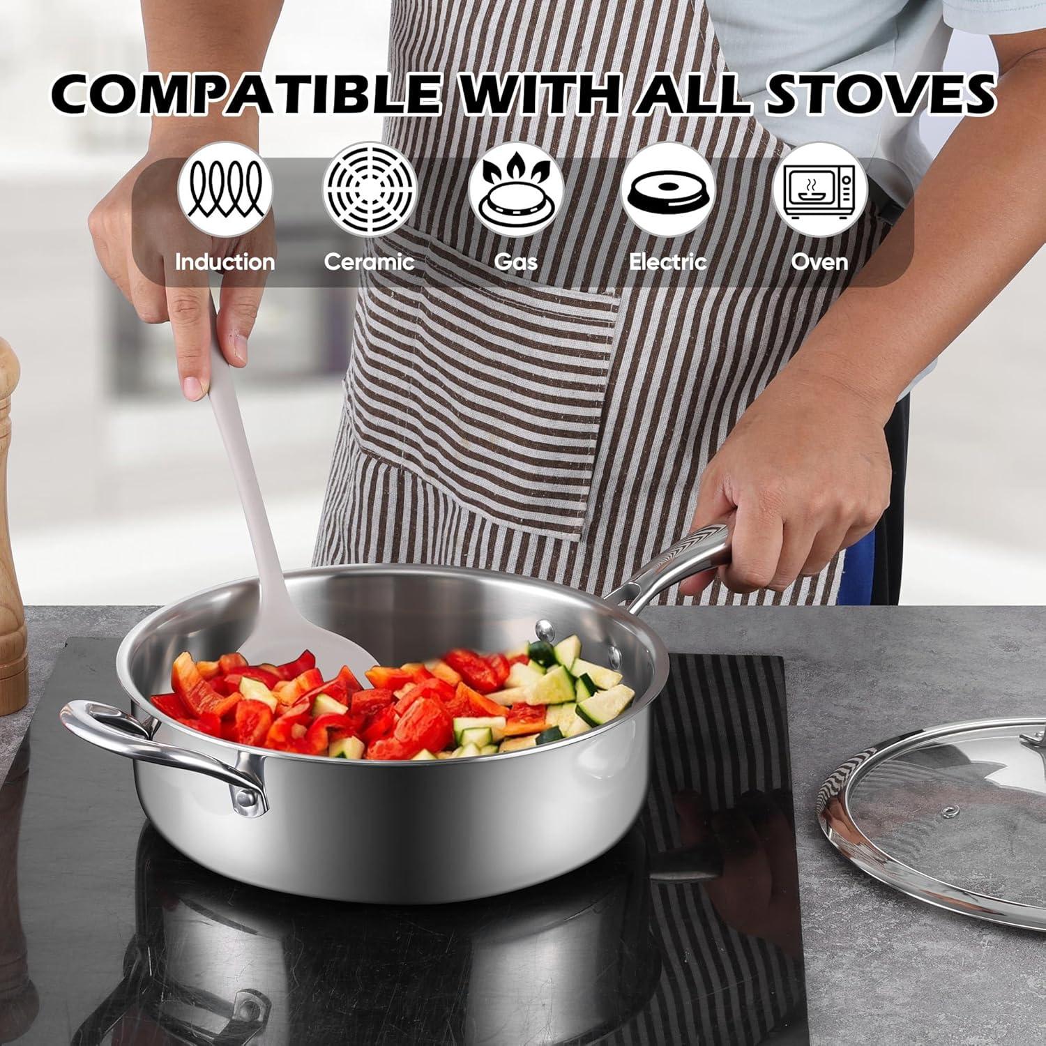 imageEfar 12 Inch Deep Frying Pan with Lid 6 Quart TriPly Stainless Steel Saute Pan Kitchen Skillet Healthy Nontoxic Cooking Pan for Induction Ceramic Gas Stoves Heavy Duty Oven amp Dishwasher Safe45QT 10IN