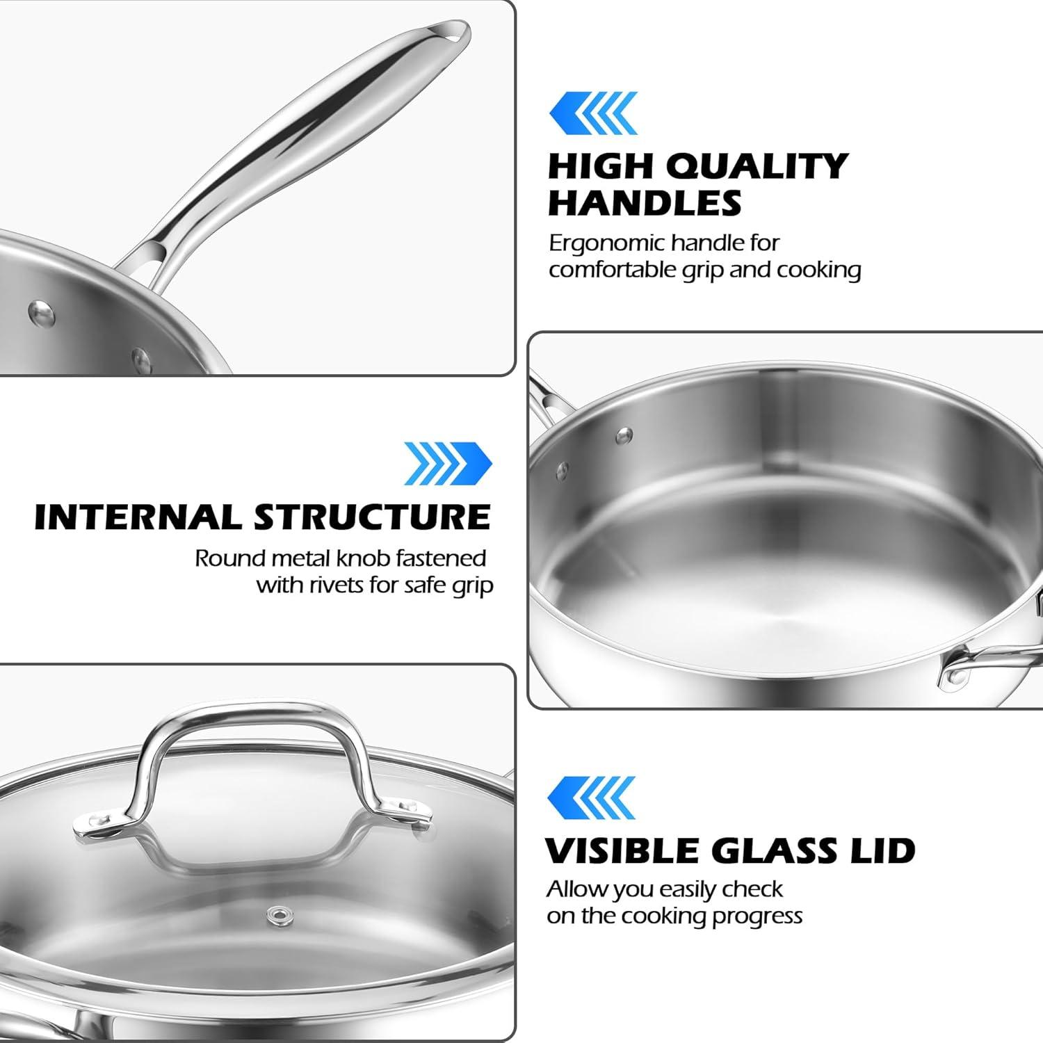 imageEfar 12 Inch Deep Frying Pan with Lid 6 Quart TriPly Stainless Steel Saute Pan Kitchen Skillet Healthy Nontoxic Cooking Pan for Induction Ceramic Gas Stoves Heavy Duty Oven amp Dishwasher Safe6QT 12IN