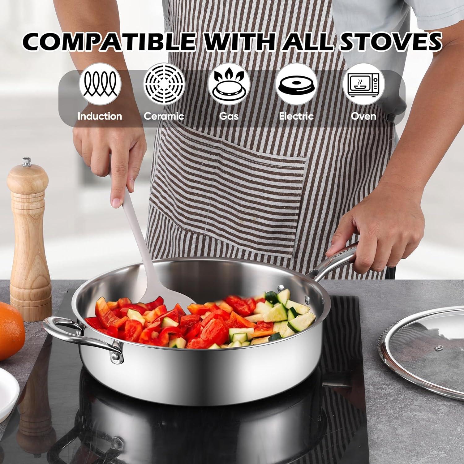 imageEfar 12 Inch Deep Frying Pan with Lid 6 Quart TriPly Stainless Steel Saute Pan Kitchen Skillet Healthy Nontoxic Cooking Pan for Induction Ceramic Gas Stoves Heavy Duty Oven amp Dishwasher Safe6QT 12IN