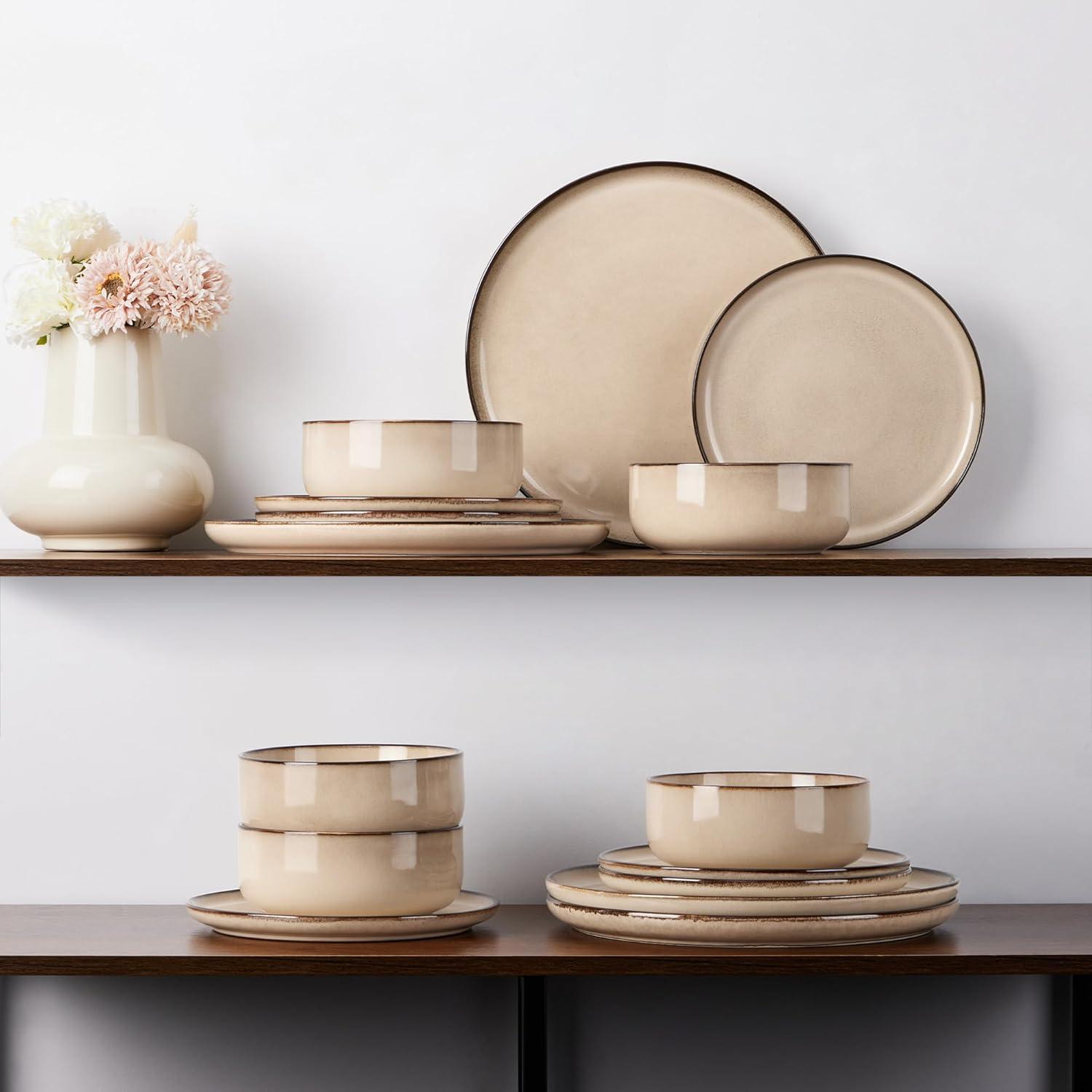 imageEfar 12Piece Reactive Glaze Dinnerware Sets Ceramic Dishes Set for 4 Stoneware Plates and Bowls Dinning Ware Microwave amp Dishwasher Safe Ocean BlueSandy Beige