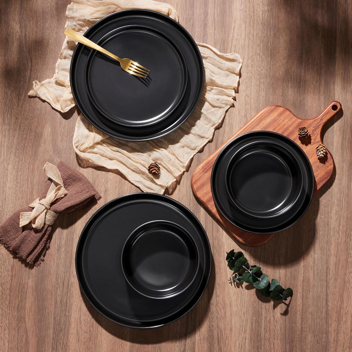 imageEfar 12Piece Reactive Glaze Dinnerware Sets Ceramic Dishes Set for 4 Stoneware Plates and Bowls Dinning Ware Microwave amp Dishwasher Safe Ocean BlueMatte Black