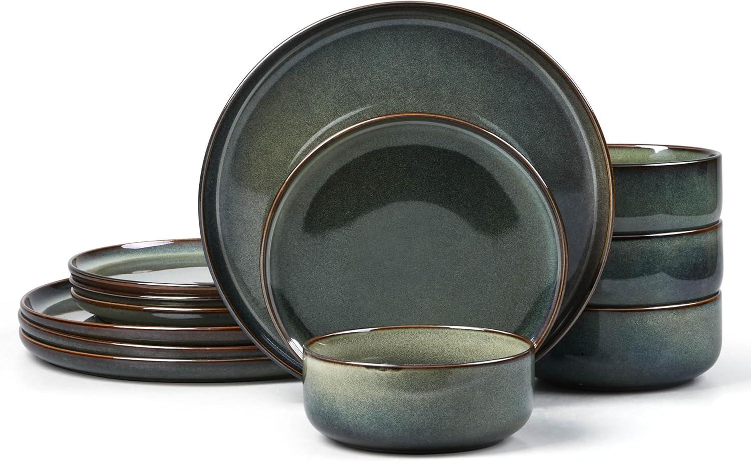 imageEfar 12Piece Reactive Glaze Dinnerware Sets Ceramic Dishes Set for 4 Stoneware Plates and Bowls Dinning Ware Microwave amp Dishwasher Safe Ocean BlueObsidian Green