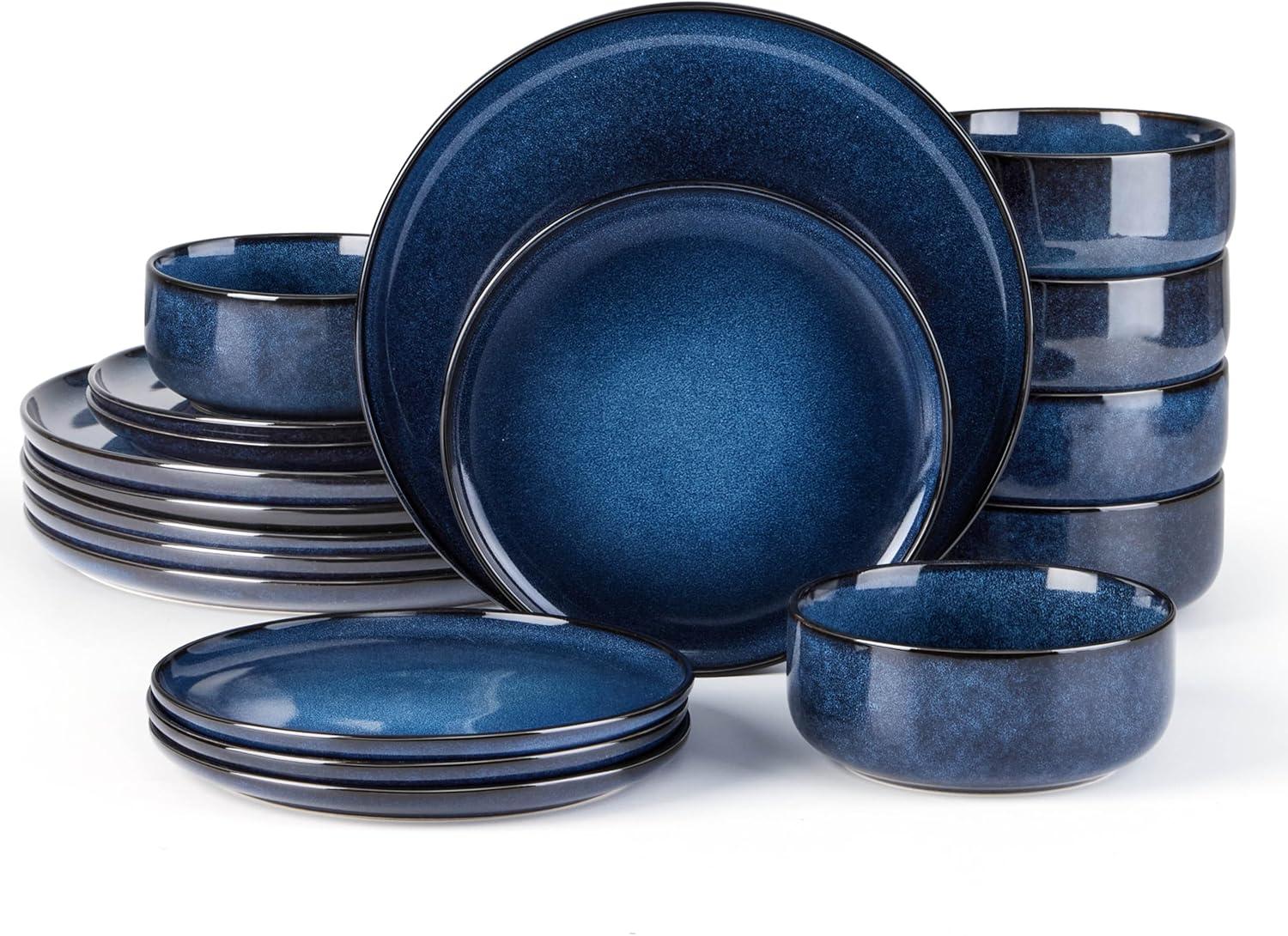 imageEfar 12Piece Reactive Glaze Dinnerware Sets Ceramic Dishes Set for 4 Stoneware Plates and Bowls Dinning Ware Microwave amp Dishwasher Safe Ocean BlueDeep Sea Blue