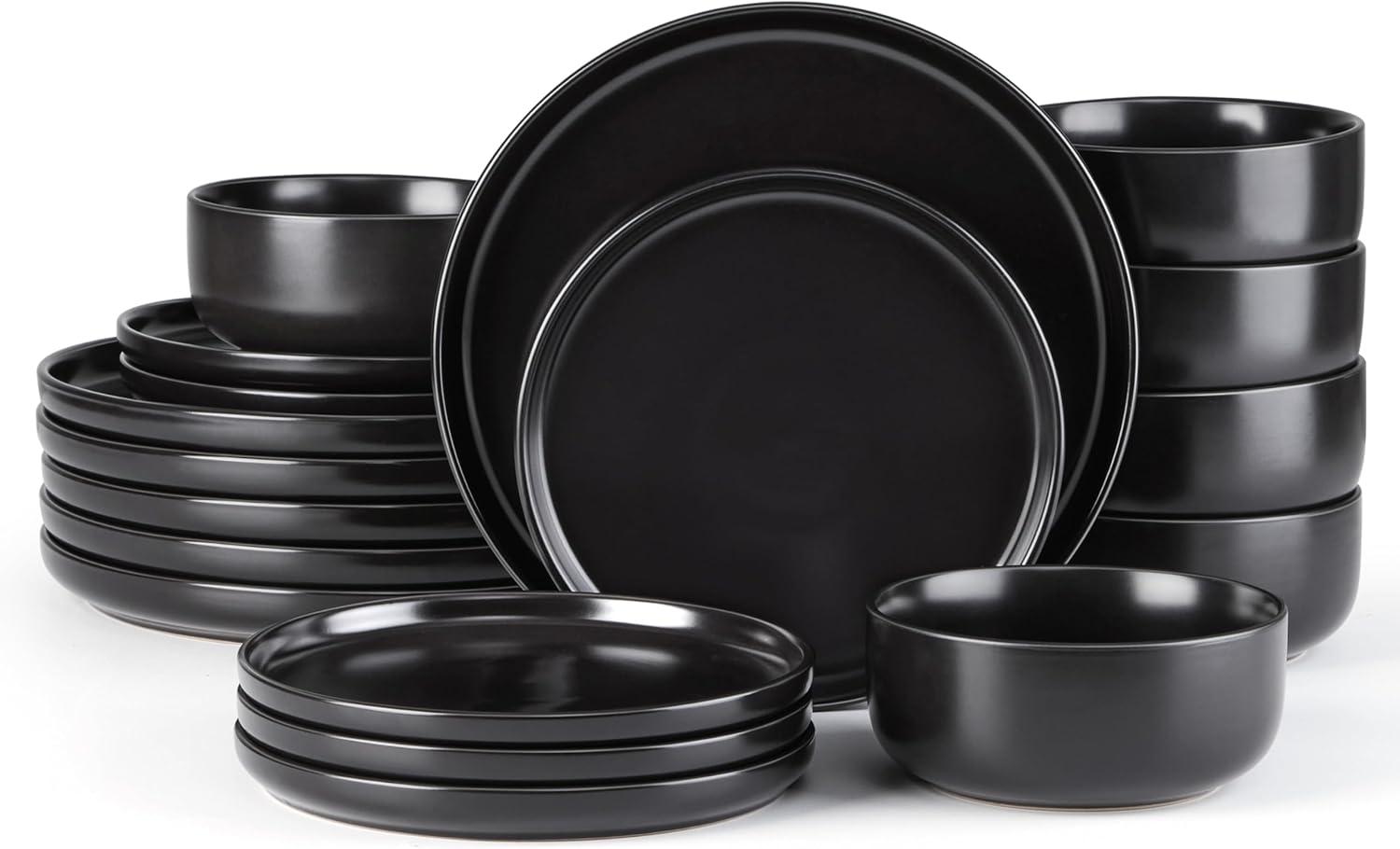 imageEfar 12Piece Reactive Glaze Dinnerware Sets Ceramic Dishes Set for 4 Stoneware Plates and Bowls Dinning Ware Microwave amp Dishwasher Safe Ocean BlueMatte Black