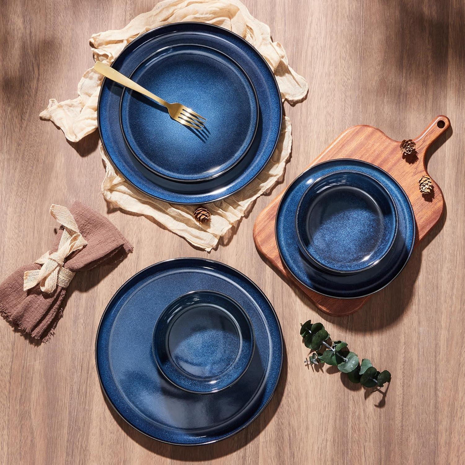 imageEfar 12Piece Reactive Glaze Dinnerware Sets Ceramic Dishes Set for 4 Stoneware Plates and Bowls Dinning Ware Microwave amp Dishwasher Safe Ocean BlueDeep Sea Blue