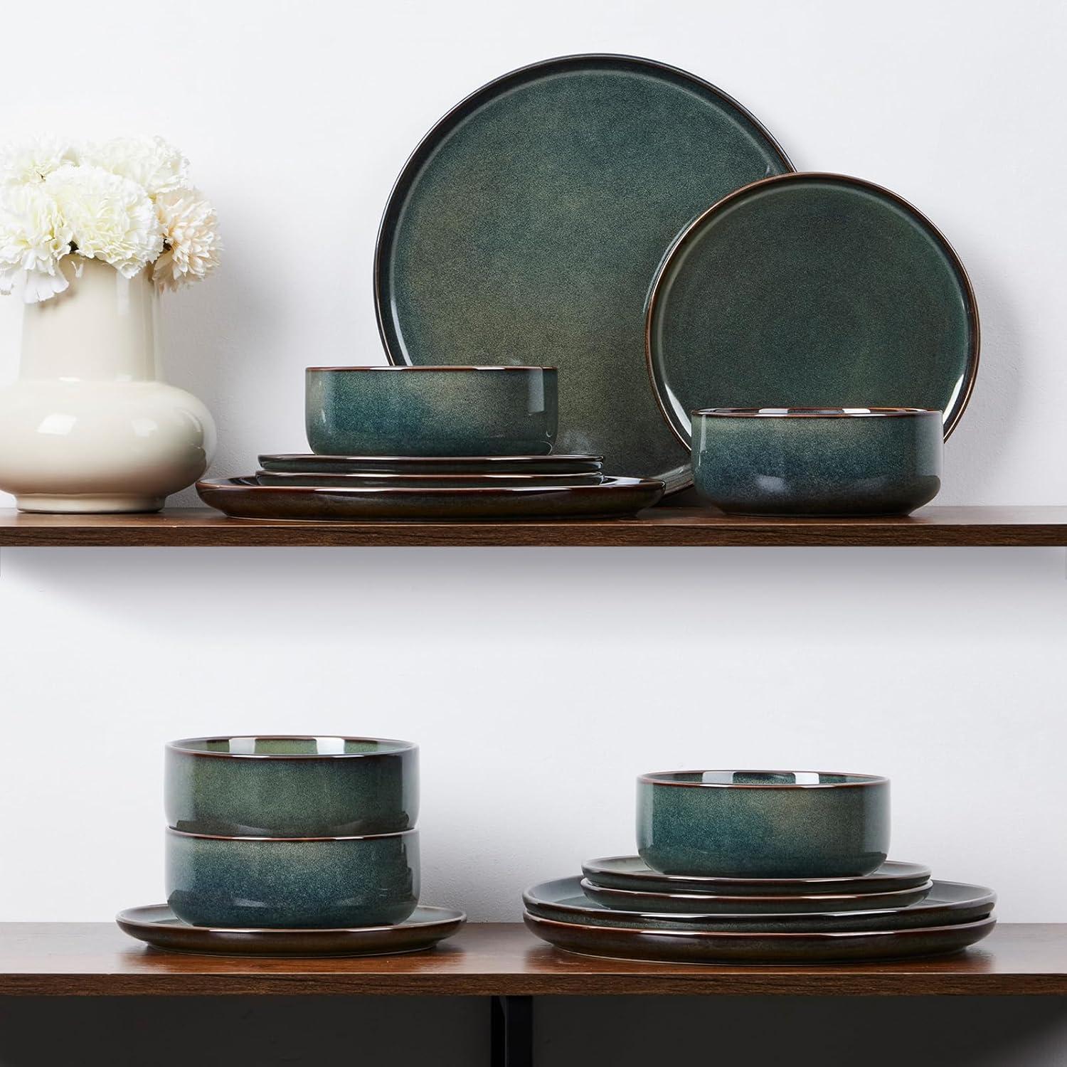 imageEfar 12Piece Reactive Glaze Dinnerware Sets Ceramic Dishes Set for 4 Stoneware Plates and Bowls Dinning Ware Microwave amp Dishwasher Safe Ocean BlueObsidian Green
