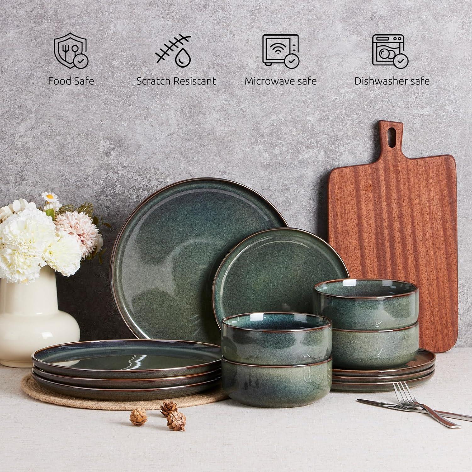 imageEfar 12Piece Reactive Glaze Dinnerware Sets Ceramic Dishes Set for 4 Stoneware Plates and Bowls Dinning Ware Microwave amp Dishwasher Safe Ocean BlueObsidian Green
