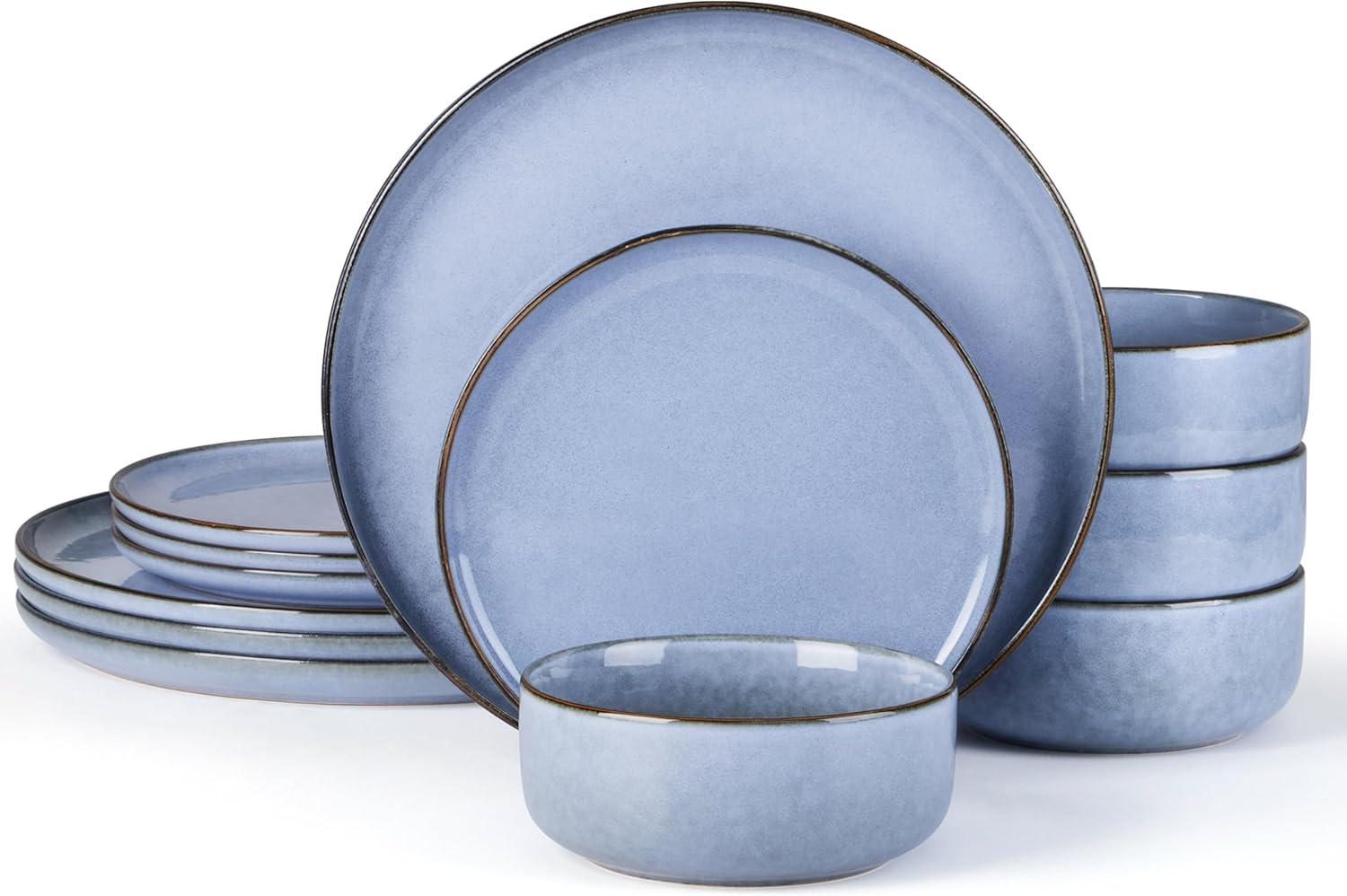 imageEfar 12Piece Reactive Glaze Dinnerware Sets Ceramic Dishes Set for 4 Stoneware Plates and Bowls Dinning Ware Microwave amp Dishwasher Safe Ocean BlueOcean Blue