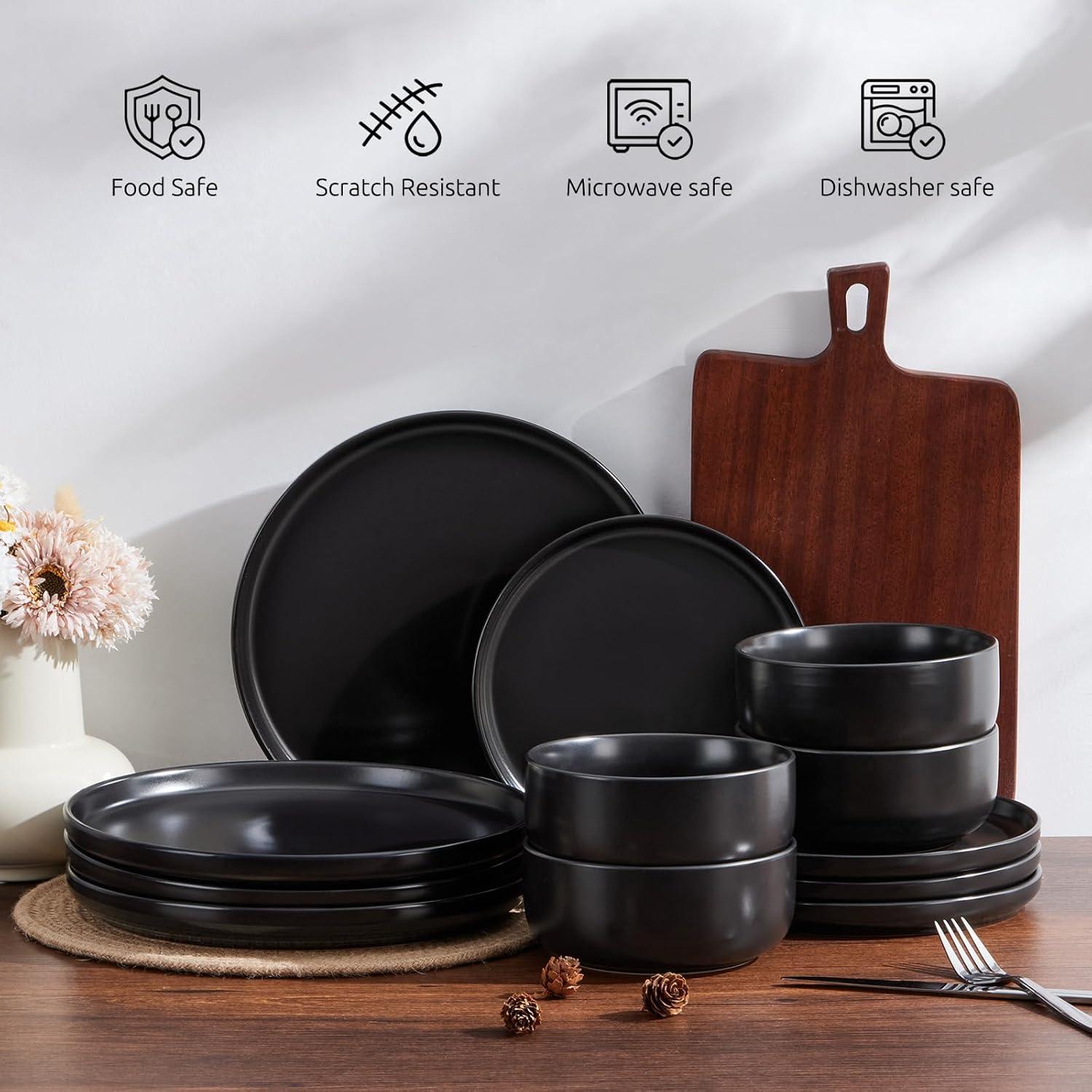 imageEfar 12Piece Reactive Glaze Dinnerware Sets Ceramic Dishes Set for 4 Stoneware Plates and Bowls Dinning Ware Microwave amp Dishwasher Safe Ocean BlueMatte Black