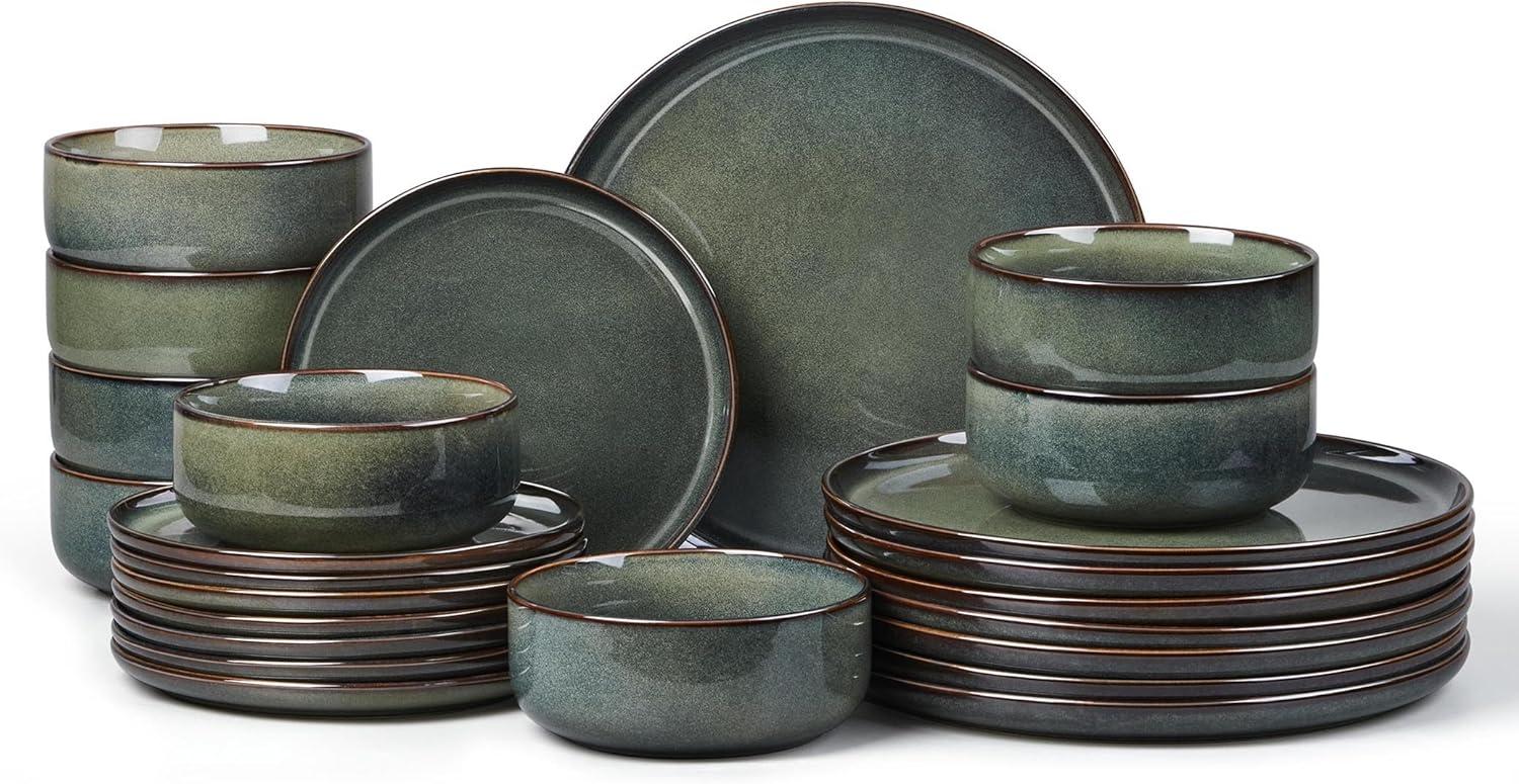 imageEfar 12Piece Reactive Glaze Dinnerware Sets Ceramic Dishes Set for 4 Stoneware Plates and Bowls Dinning Ware Microwave amp Dishwasher Safe Ocean BlueObsidian Green