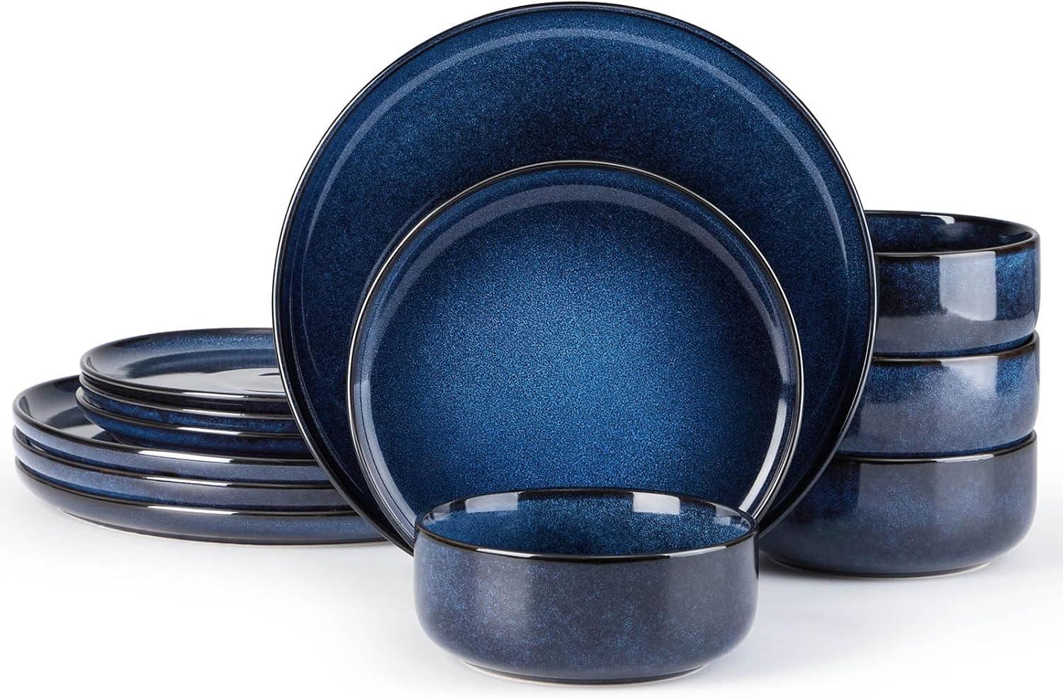 imageEfar 12Piece Reactive Glaze Dinnerware Sets Ceramic Dishes Set for 4 Stoneware Plates and Bowls Dinning Ware Microwave amp Dishwasher Safe Ocean BlueDeep Sea Blue