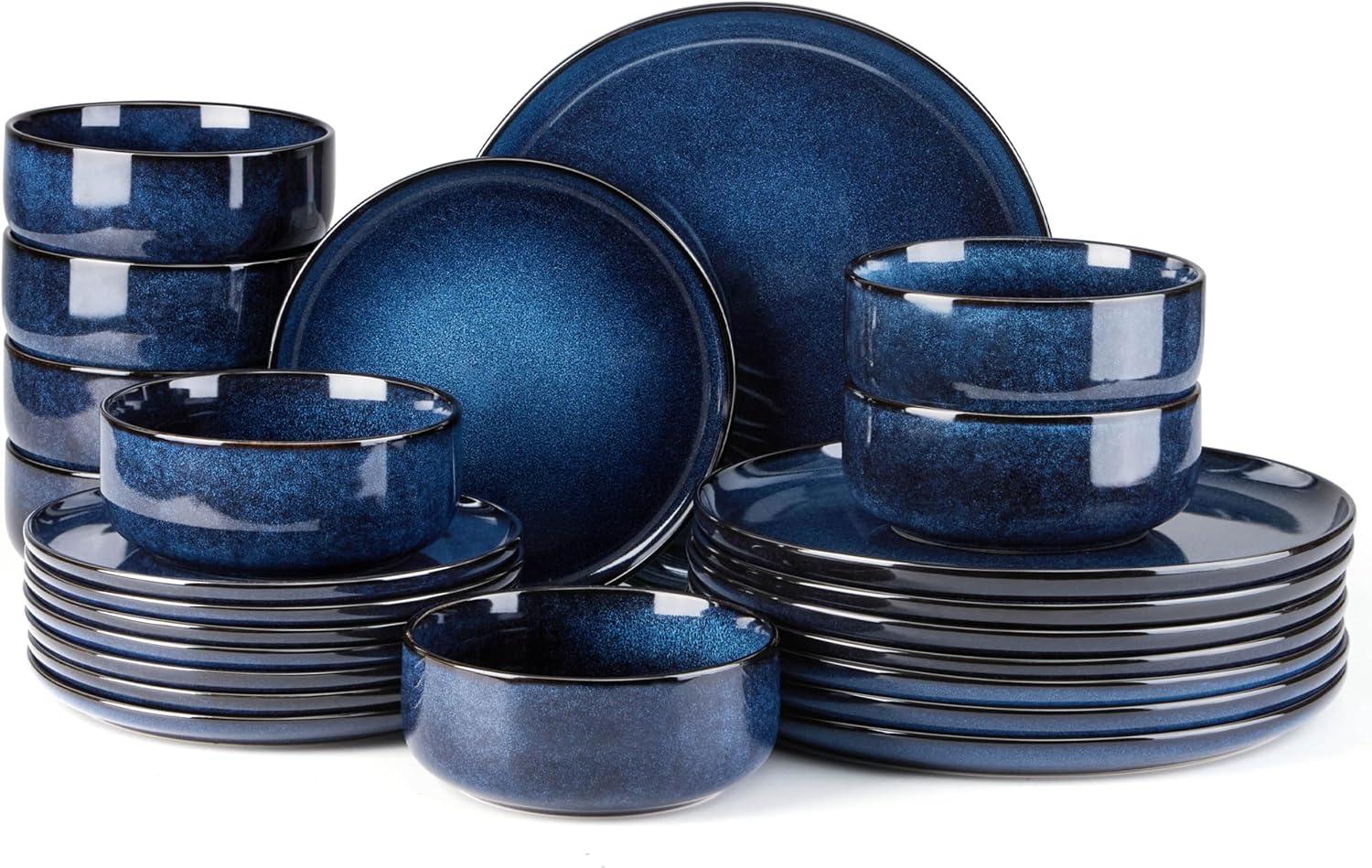 imageEfar 12Piece Reactive Glaze Dinnerware Sets Ceramic Dishes Set for 4 Stoneware Plates and Bowls Dinning Ware Microwave amp Dishwasher Safe Ocean BlueDeep Sea Blue