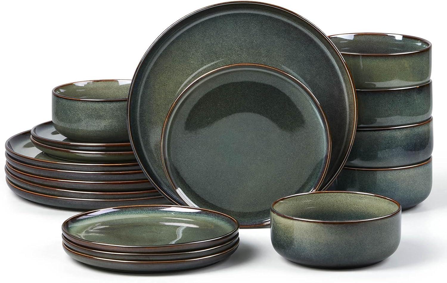 imageEfar 12Piece Reactive Glaze Dinnerware Sets Ceramic Dishes Set for 4 Stoneware Plates and Bowls Dinning Ware Microwave amp Dishwasher Safe Ocean BlueObsidian Green