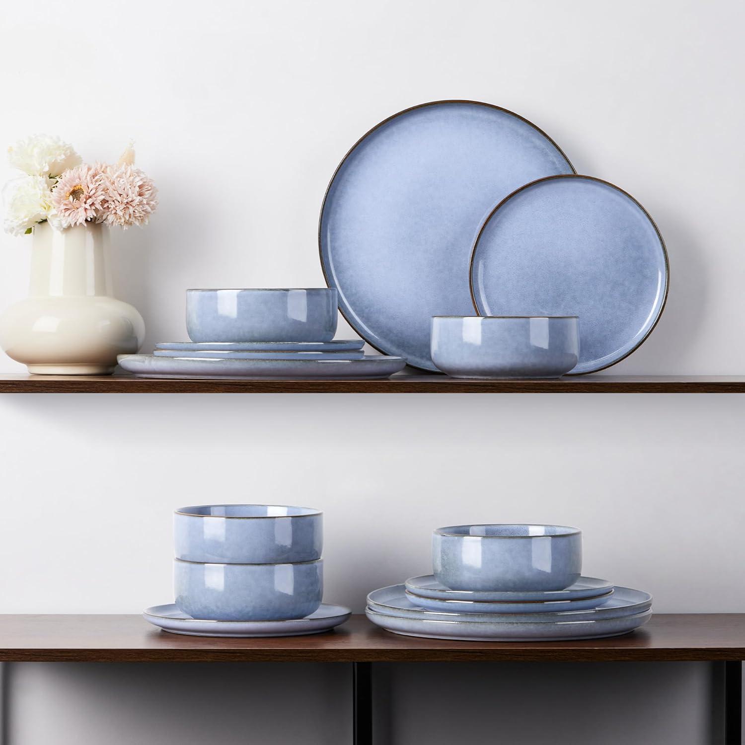 imageEfar 12Piece Reactive Glaze Dinnerware Sets Ceramic Dishes Set for 4 Stoneware Plates and Bowls Dinning Ware Microwave amp Dishwasher Safe Ocean BlueOcean Blue