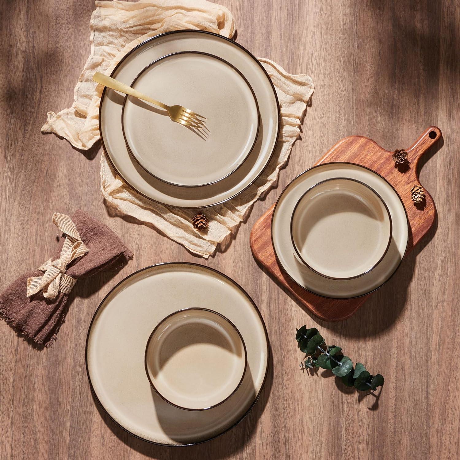 imageEfar 12Piece Reactive Glaze Dinnerware Sets Ceramic Dishes Set for 4 Stoneware Plates and Bowls Dinning Ware Microwave amp Dishwasher Safe Ocean BlueSandy Beige
