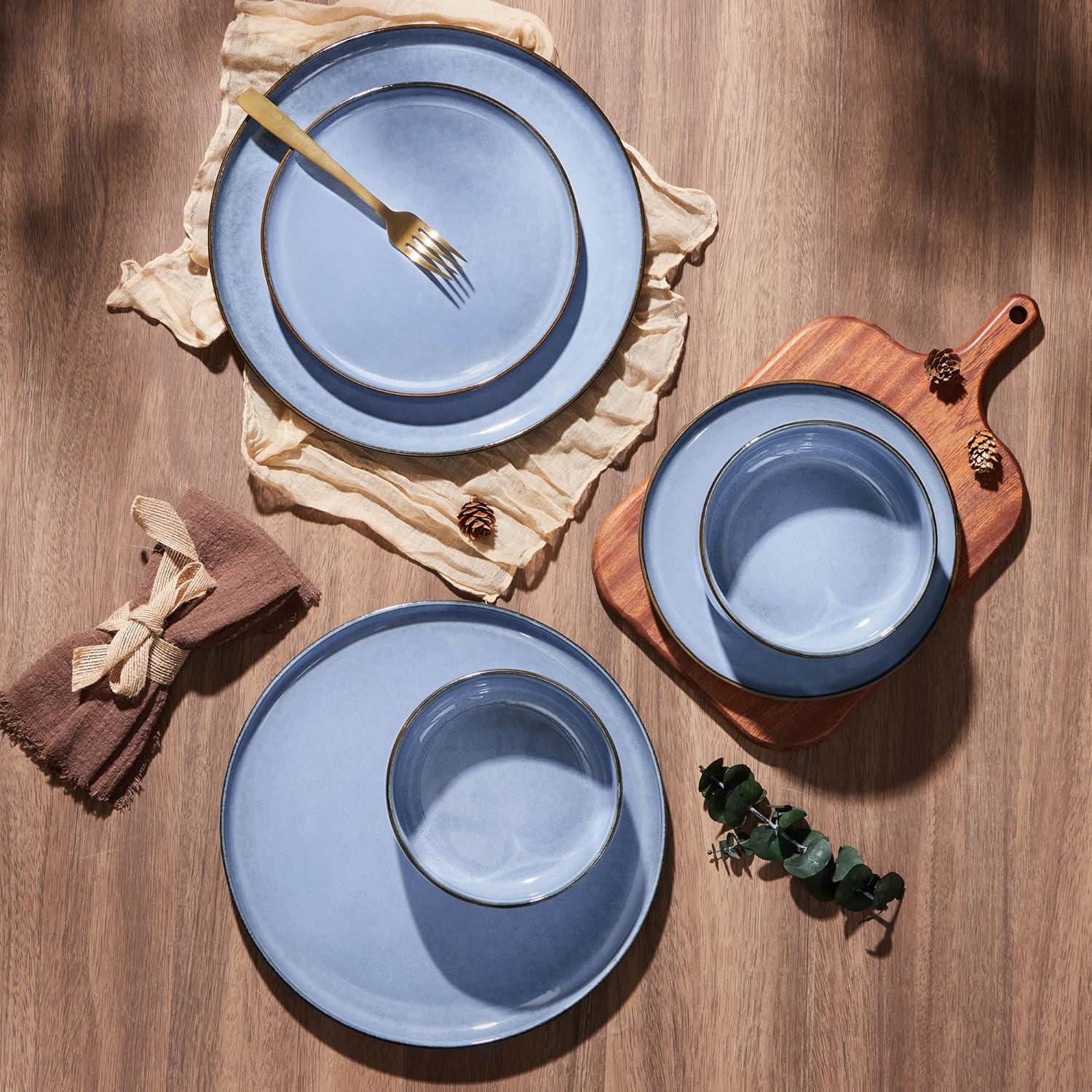 imageEfar 12Piece Reactive Glaze Dinnerware Sets Ceramic Dishes Set for 4 Stoneware Plates and Bowls Dinning Ware Microwave amp Dishwasher Safe Ocean BlueOcean Blue