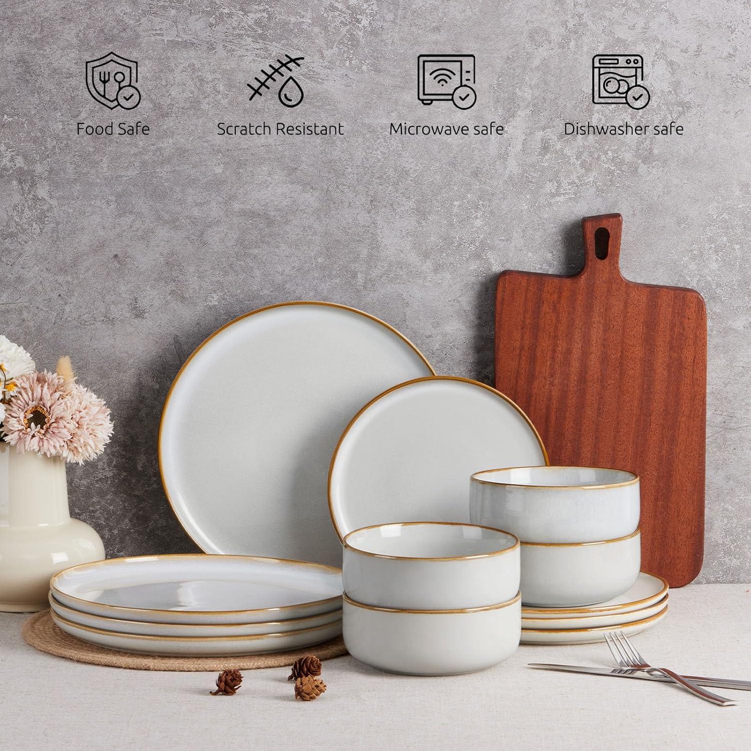 imageEfar 12Piece Reactive Glaze Dinnerware Sets Ceramic Dishes Set for 4 Stoneware Plates and Bowls Dinning Ware Microwave amp Dishwasher Safe Ocean BlueSeashell White