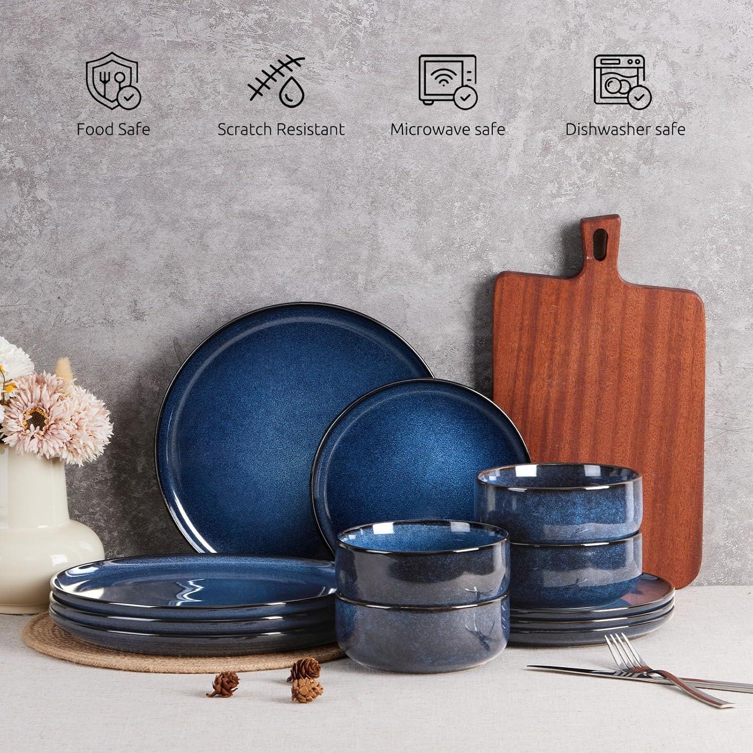 imageEfar 12Piece Reactive Glaze Dinnerware Sets Ceramic Dishes Set for 4 Stoneware Plates and Bowls Dinning Ware Microwave amp Dishwasher Safe Ocean BlueDeep Sea Blue