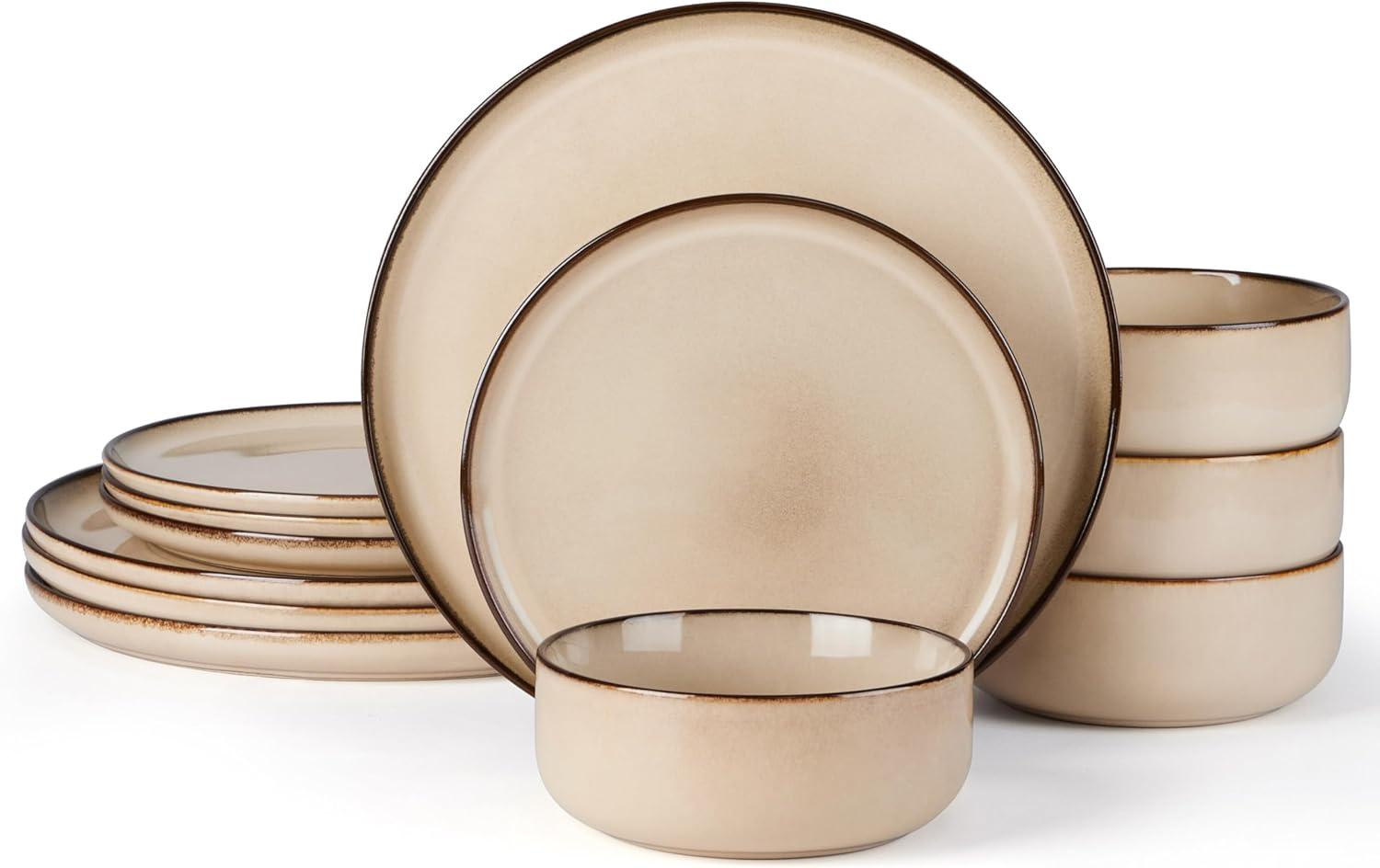 imageEfar 12Piece Reactive Glaze Dinnerware Sets Ceramic Dishes Set for 4 Stoneware Plates and Bowls Dinning Ware Microwave amp Dishwasher Safe Ocean BlueSandy Beige