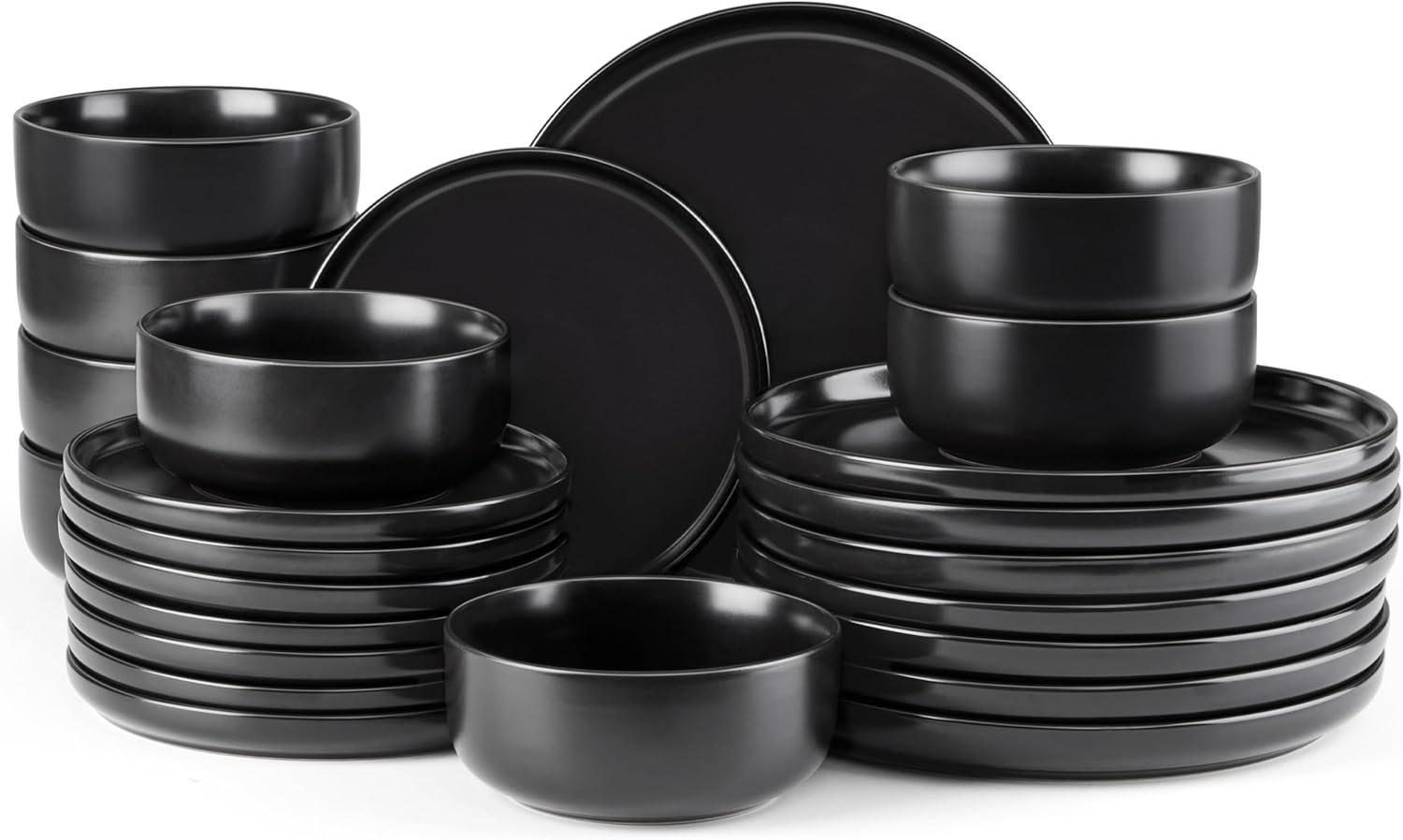 imageEfar 12Piece Reactive Glaze Dinnerware Sets Ceramic Dishes Set for 4 Stoneware Plates and Bowls Dinning Ware Microwave amp Dishwasher Safe Ocean BlueMatte Black