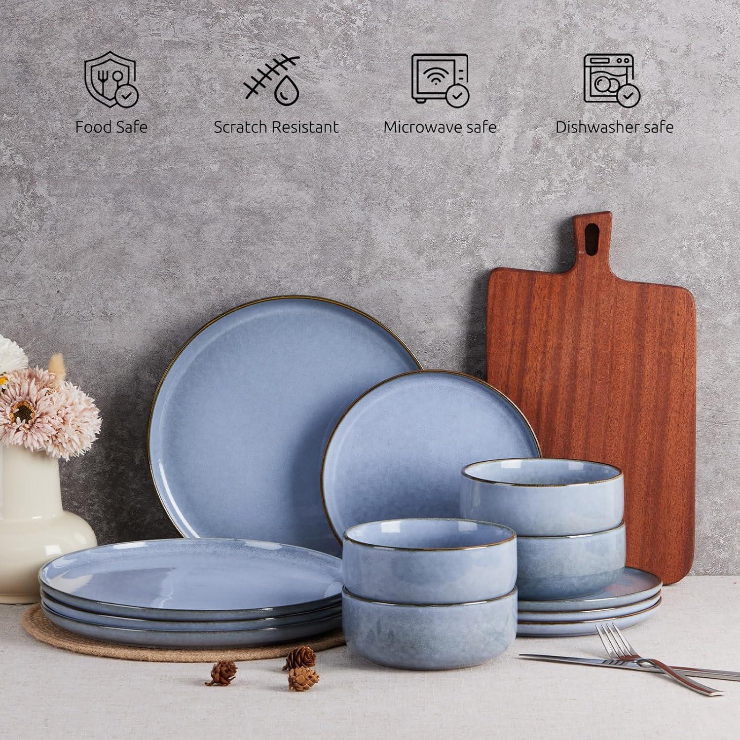 imageEfar 12Piece Reactive Glaze Dinnerware Sets Ceramic Dishes Set for 4 Stoneware Plates and Bowls Dinning Ware Microwave amp Dishwasher Safe Ocean BlueOcean Blue