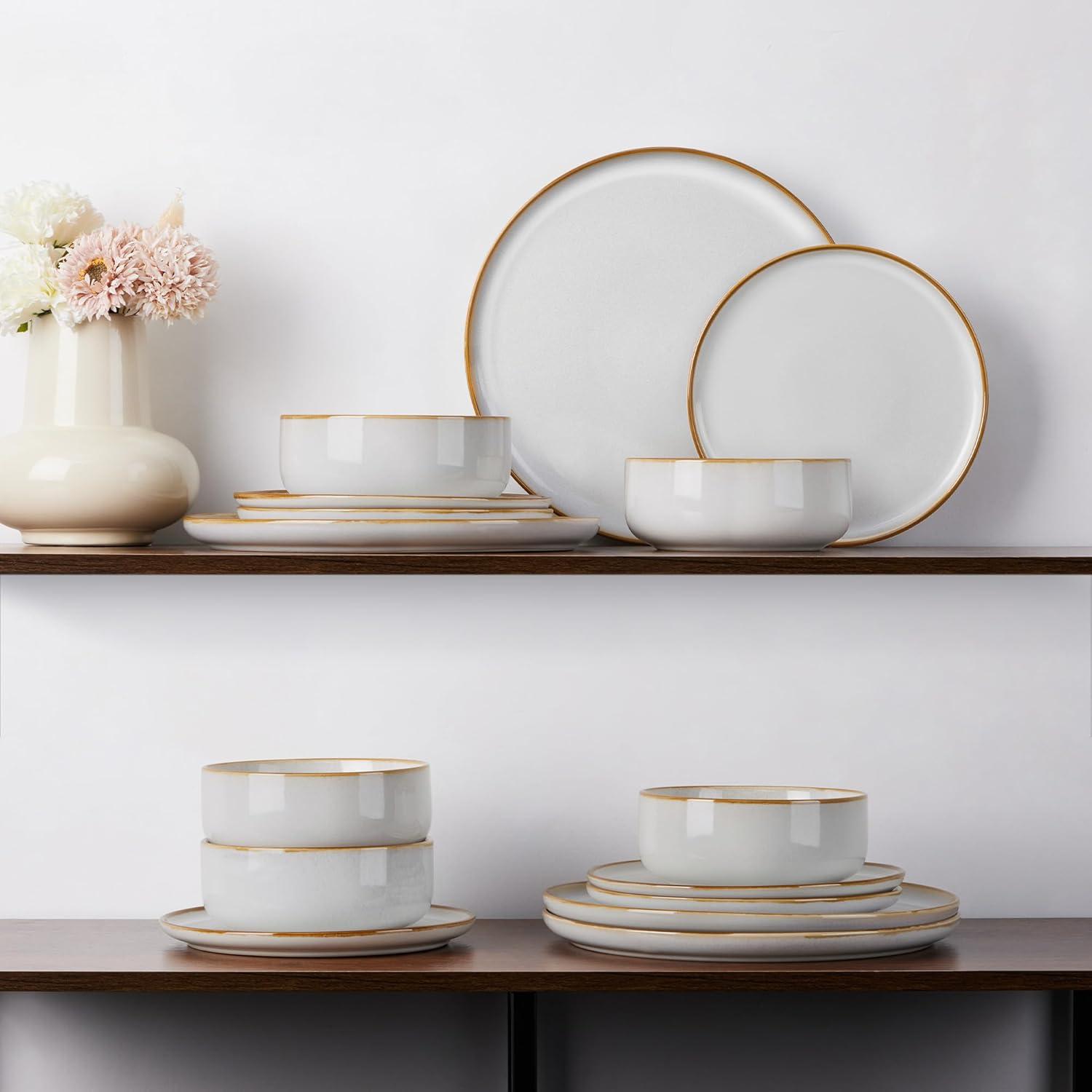 imageEfar 12Piece Reactive Glaze Dinnerware Sets Ceramic Dishes Set for 4 Stoneware Plates and Bowls Dinning Ware Microwave amp Dishwasher Safe Ocean BlueSeashell White