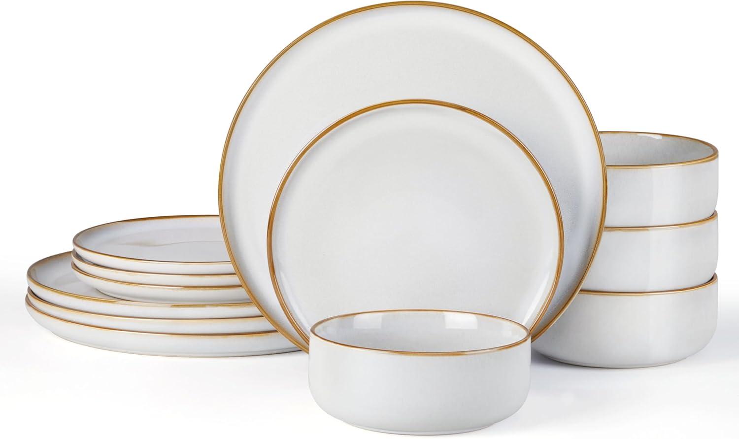 imageEfar 12Piece Reactive Glaze Dinnerware Sets Ceramic Dishes Set for 4 Stoneware Plates and Bowls Dinning Ware Microwave amp Dishwasher Safe Ocean BlueSeashell White
