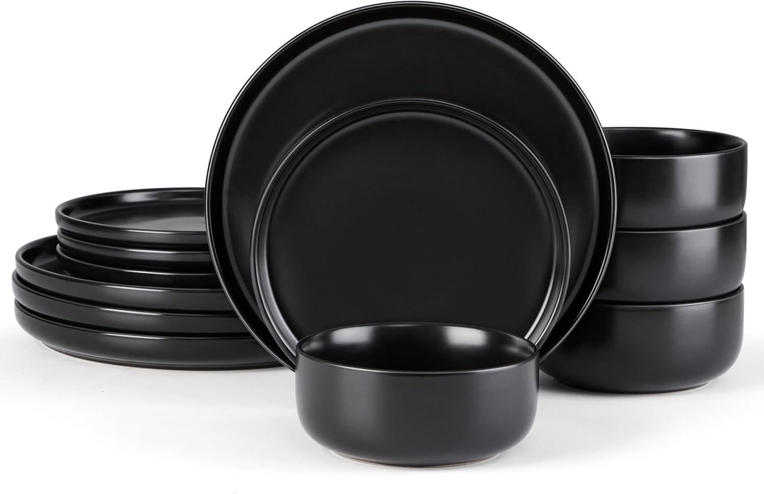 imageEfar 12Piece Reactive Glaze Dinnerware Sets Ceramic Dishes Set for 4 Stoneware Plates and Bowls Dinning Ware Microwave amp Dishwasher Safe Ocean BlueMatte Black