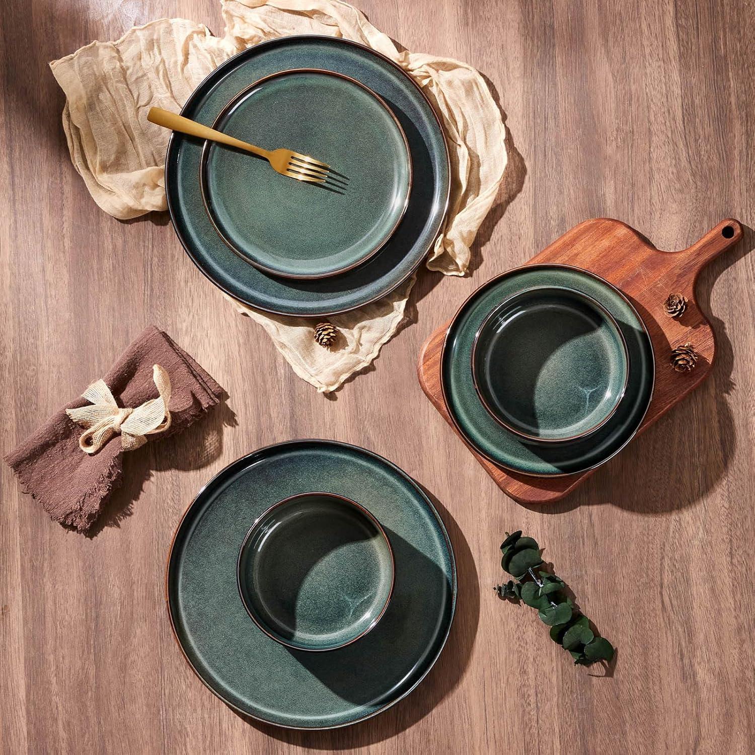 imageEfar 12Piece Reactive Glaze Dinnerware Sets Ceramic Dishes Set for 4 Stoneware Plates and Bowls Dinning Ware Microwave amp Dishwasher Safe Ocean BlueObsidian Green