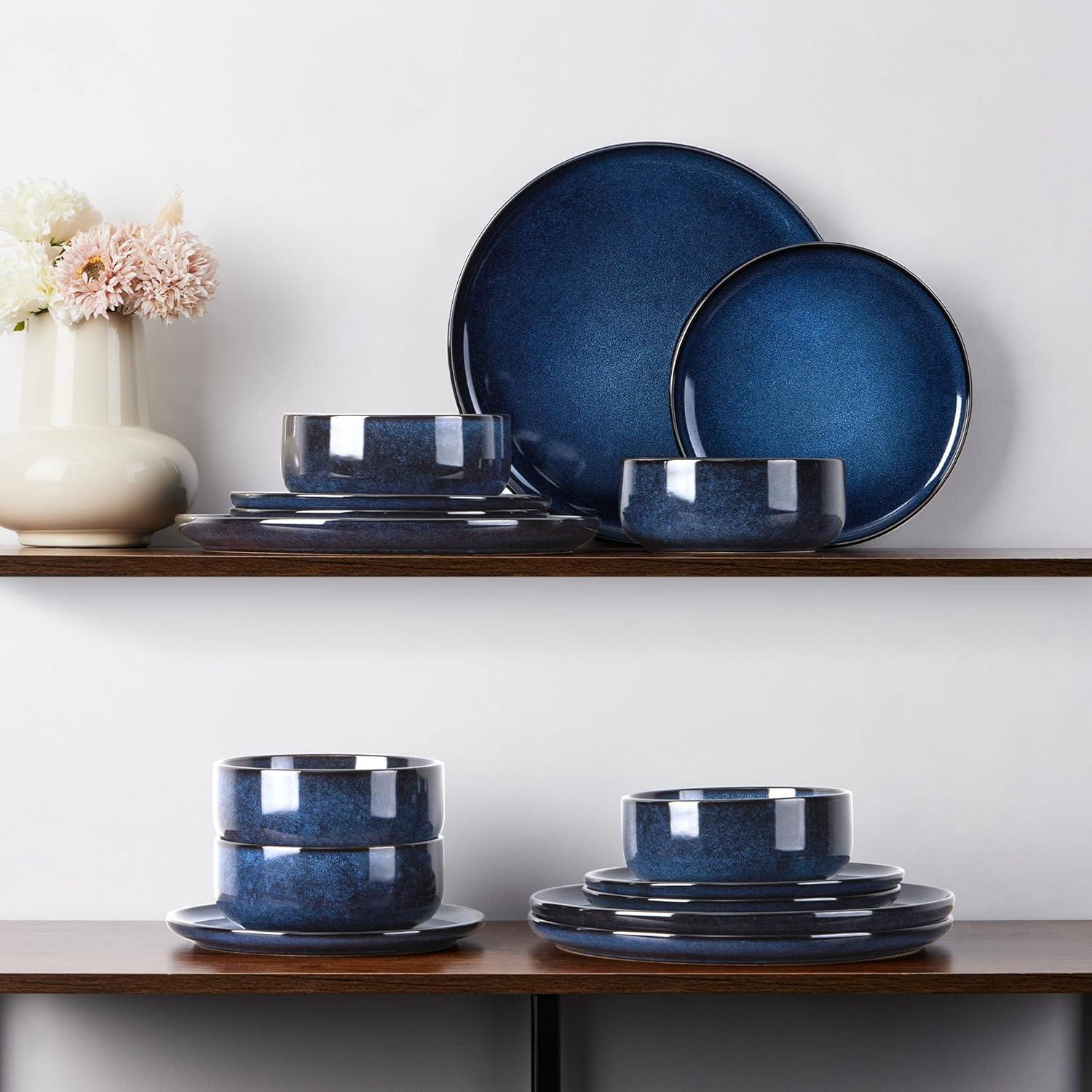 imageEfar 12Piece Reactive Glaze Dinnerware Sets Ceramic Dishes Set for 4 Stoneware Plates and Bowls Dinning Ware Microwave amp Dishwasher Safe Ocean BlueDeep Sea Blue