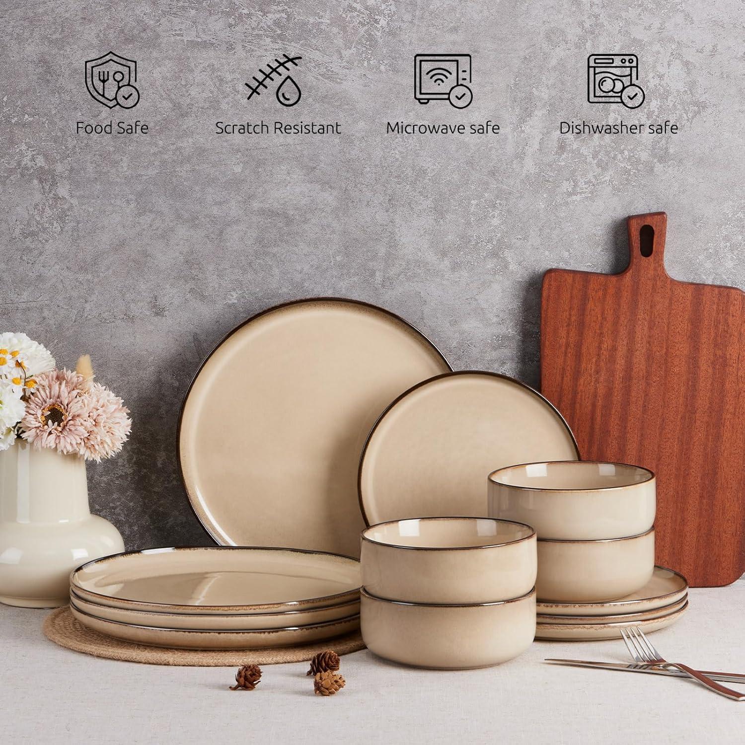 imageEfar 12Piece Reactive Glaze Dinnerware Sets Ceramic Dishes Set for 4 Stoneware Plates and Bowls Dinning Ware Microwave amp Dishwasher Safe Ocean BlueSandy Beige