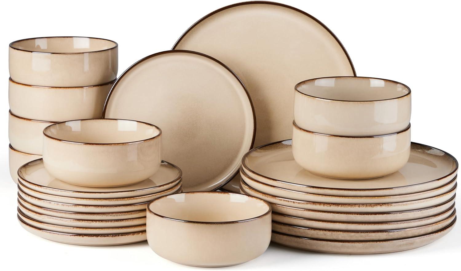 imageEfar 12Piece Reactive Glaze Dinnerware Sets Ceramic Dishes Set for 4 Stoneware Plates and Bowls Dinning Ware Microwave amp Dishwasher Safe Ocean BlueSandy Beige