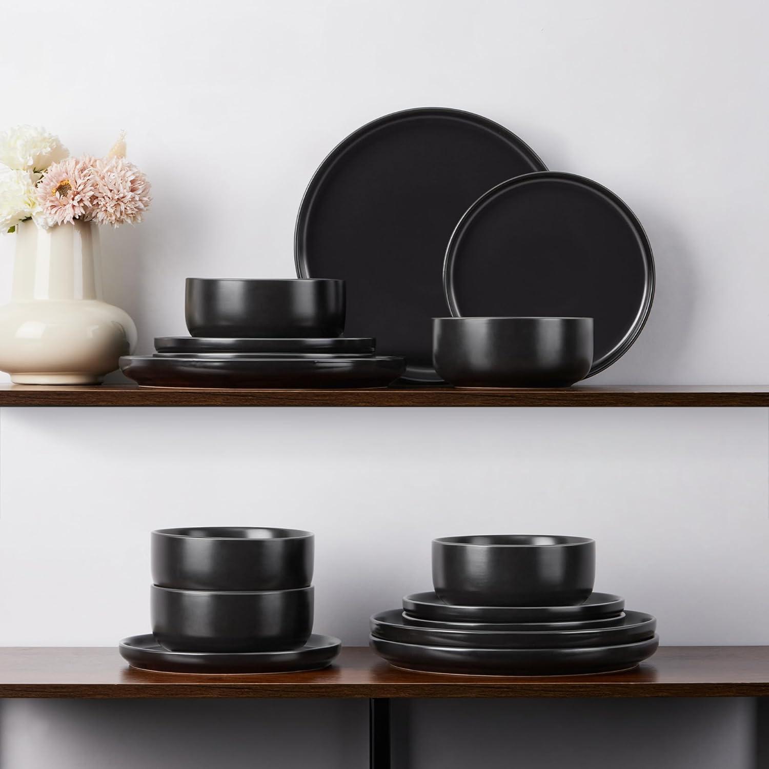 imageEfar 12Piece Reactive Glaze Dinnerware Sets Ceramic Dishes Set for 4 Stoneware Plates and Bowls Dinning Ware Microwave amp Dishwasher Safe Ocean BlueMatte Black
