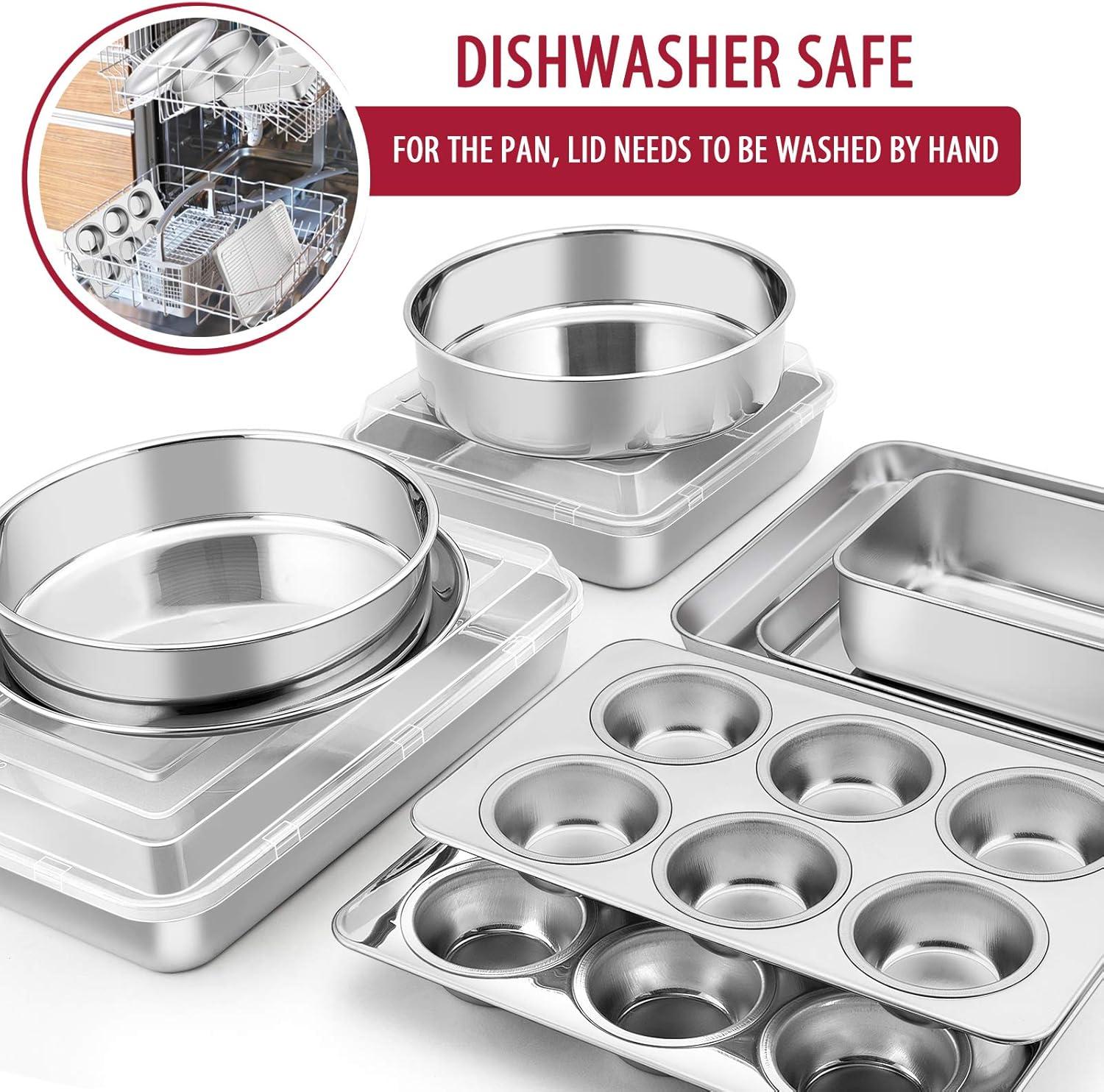 imageEfar 12Piece Stainless Steel Bakeware Sets Metal Baking Pan Set Include Round Cake Pans SquareRectangle Baking Pans with Lids Cookie Sheet LoafMuffinPizza Pan Nontoxic amp Dishwasher Safe