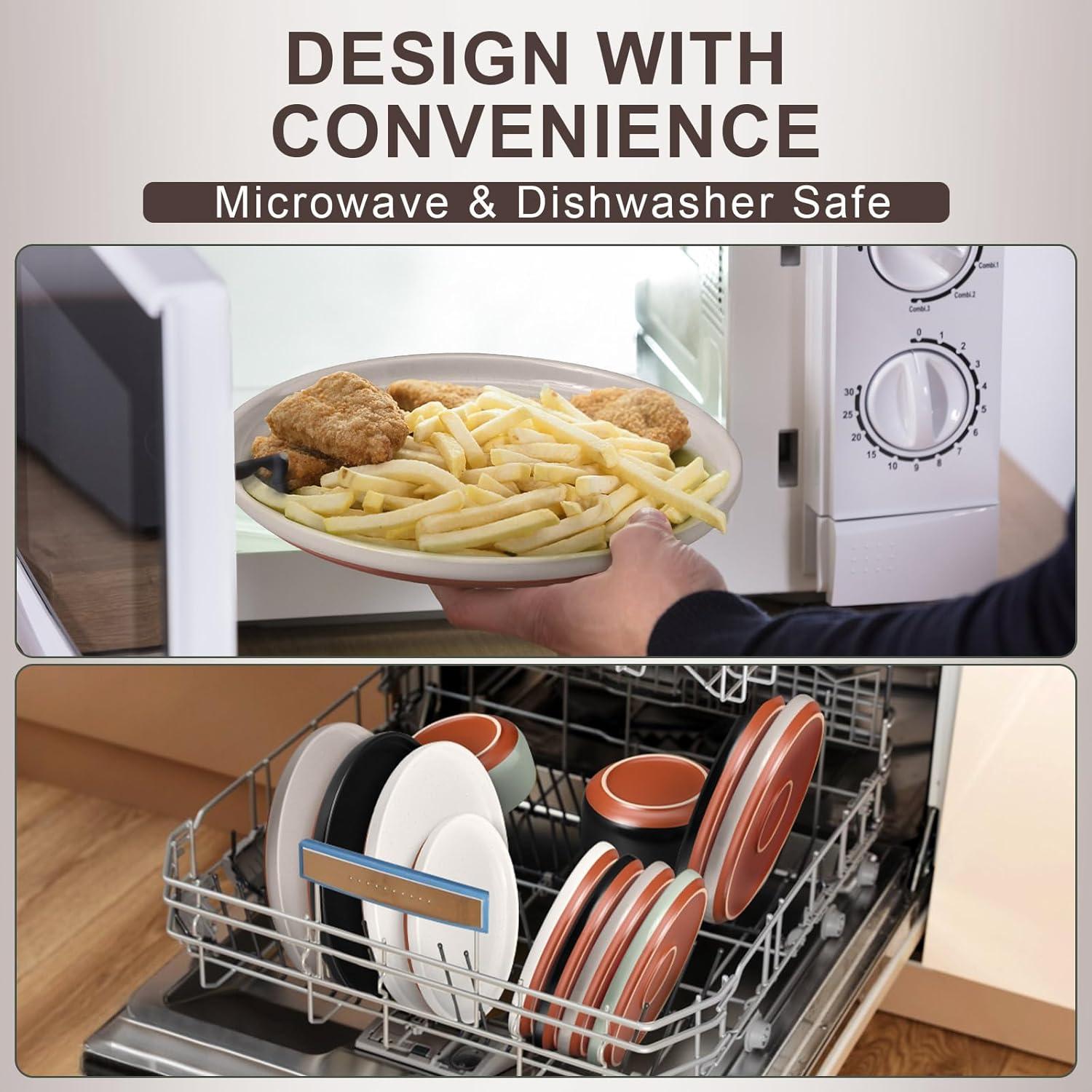 imageEfar 12Piece Stoneware Dinnerware Sets Plates and Bowls Sets for 4 Ceramic Dishware Dishes Set with Terracotta Base Chip amp Scratch Resistant Microwave amp Dishwasher Safe Speckled WhiteWarm Taupe