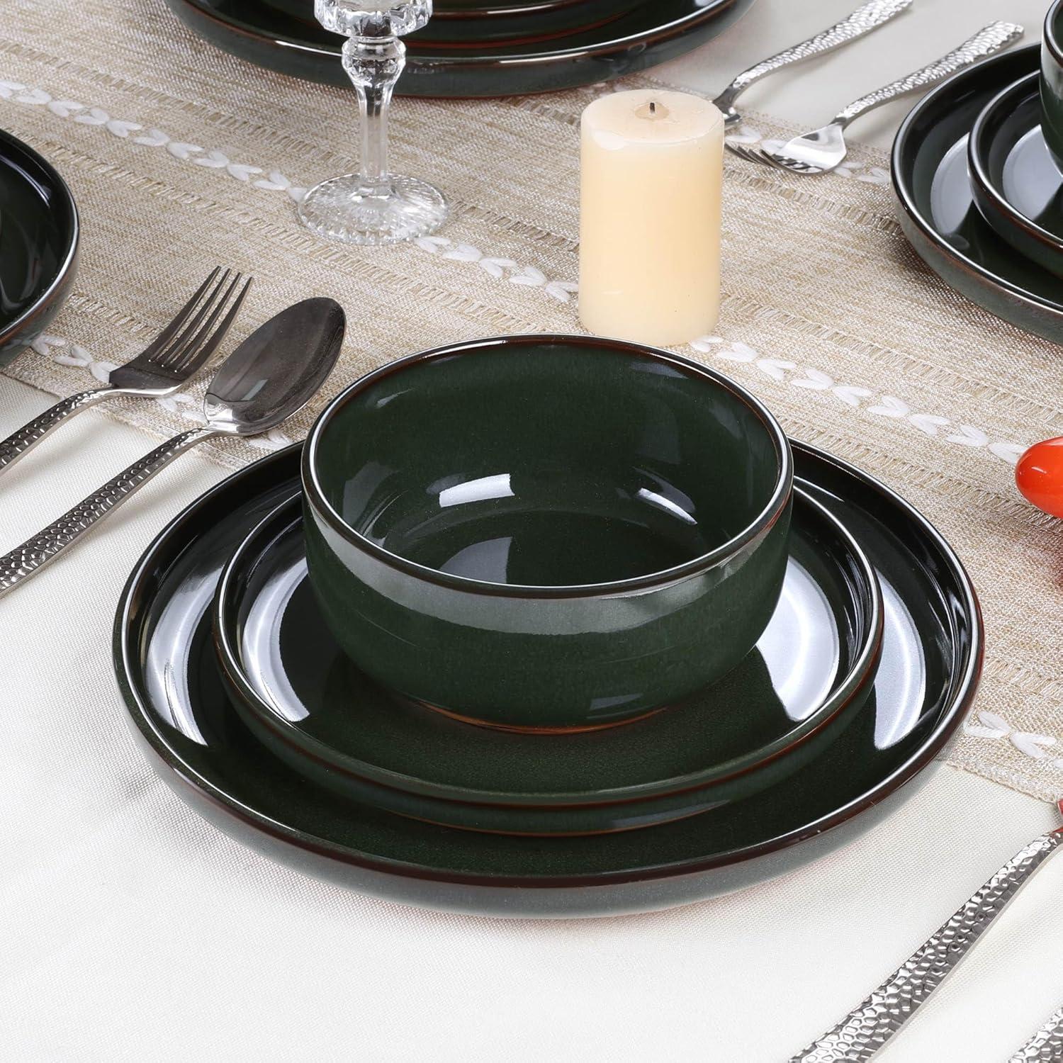 imageEfar 12Piece Stoneware Dinnerware Sets Plates and Bowls Sets for 4 Ceramic Dishware Dishes Set with Terracotta Base Chip amp Scratch Resistant Microwave amp Dishwasher Safe Speckled WhiteBlackish Green