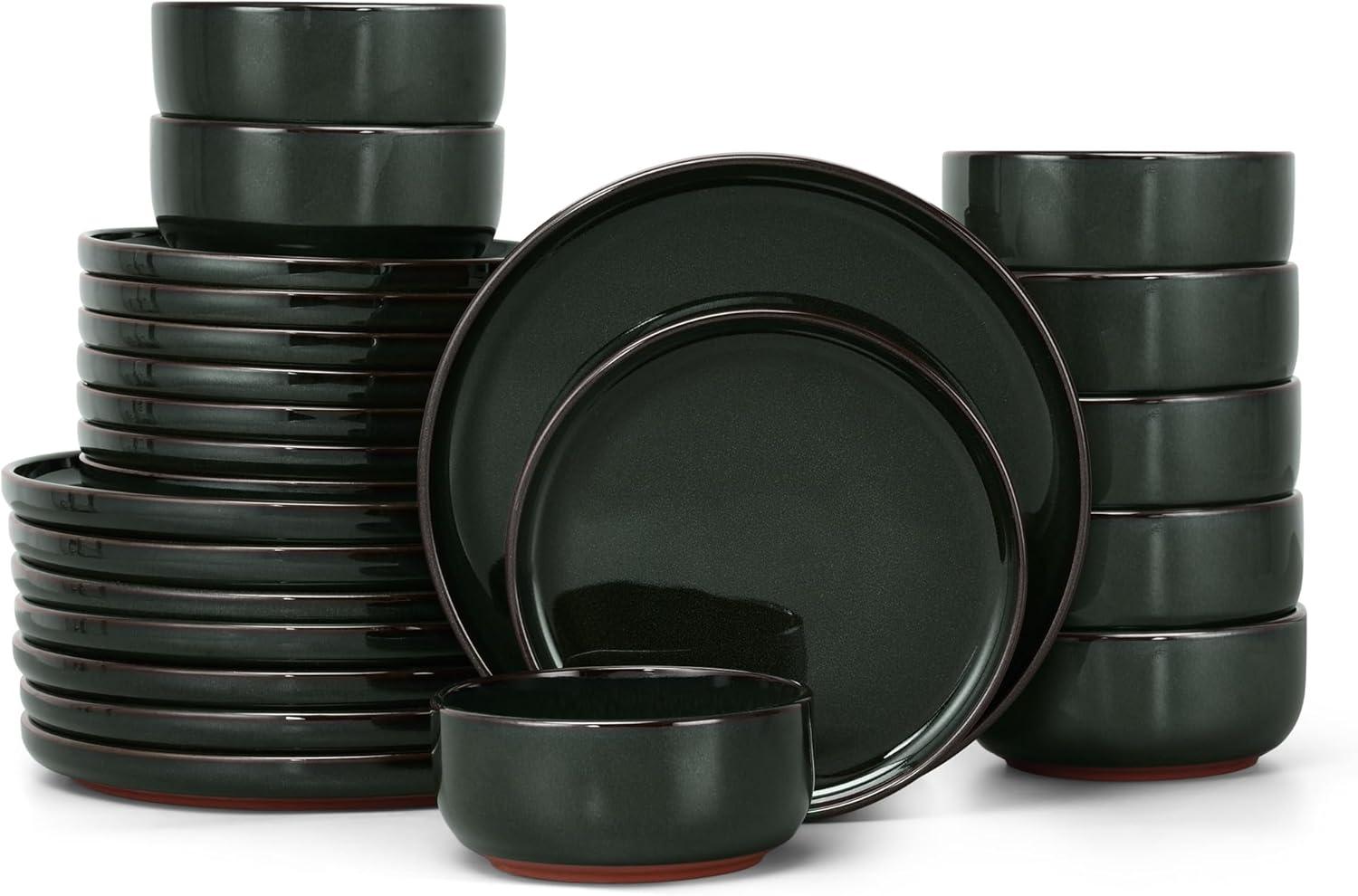 imageEfar 12Piece Stoneware Dinnerware Sets Plates and Bowls Sets for 4 Ceramic Dishware Dishes Set with Terracotta Base Chip amp Scratch Resistant Microwave amp Dishwasher Safe Speckled WhiteBlackish Green