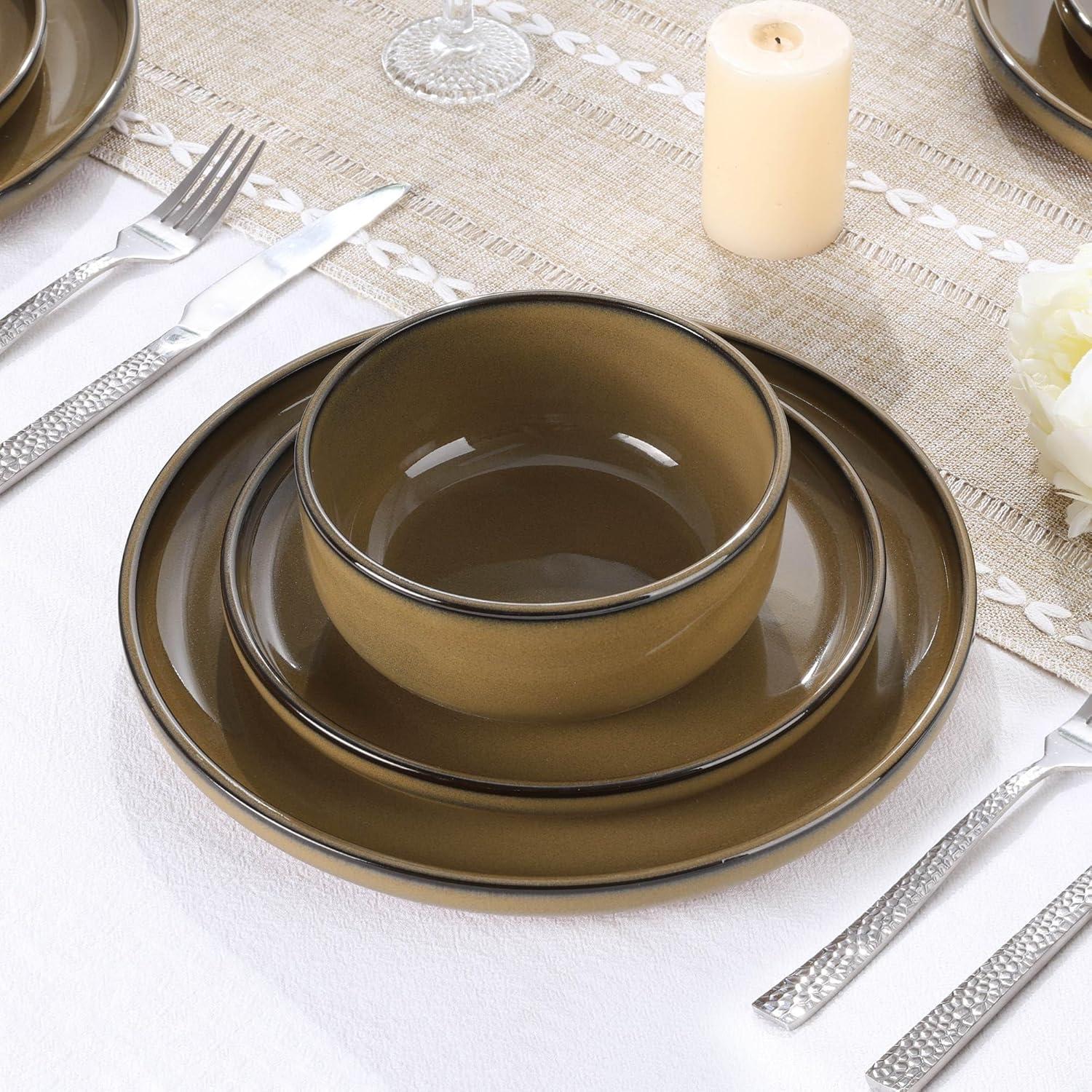 imageEfar 12Piece Stoneware Dinnerware Sets Plates and Bowls Sets for 4 Ceramic Dishware Dishes Set with Terracotta Base Chip amp Scratch Resistant Microwave amp Dishwasher Safe Speckled WhiteDesert Camel