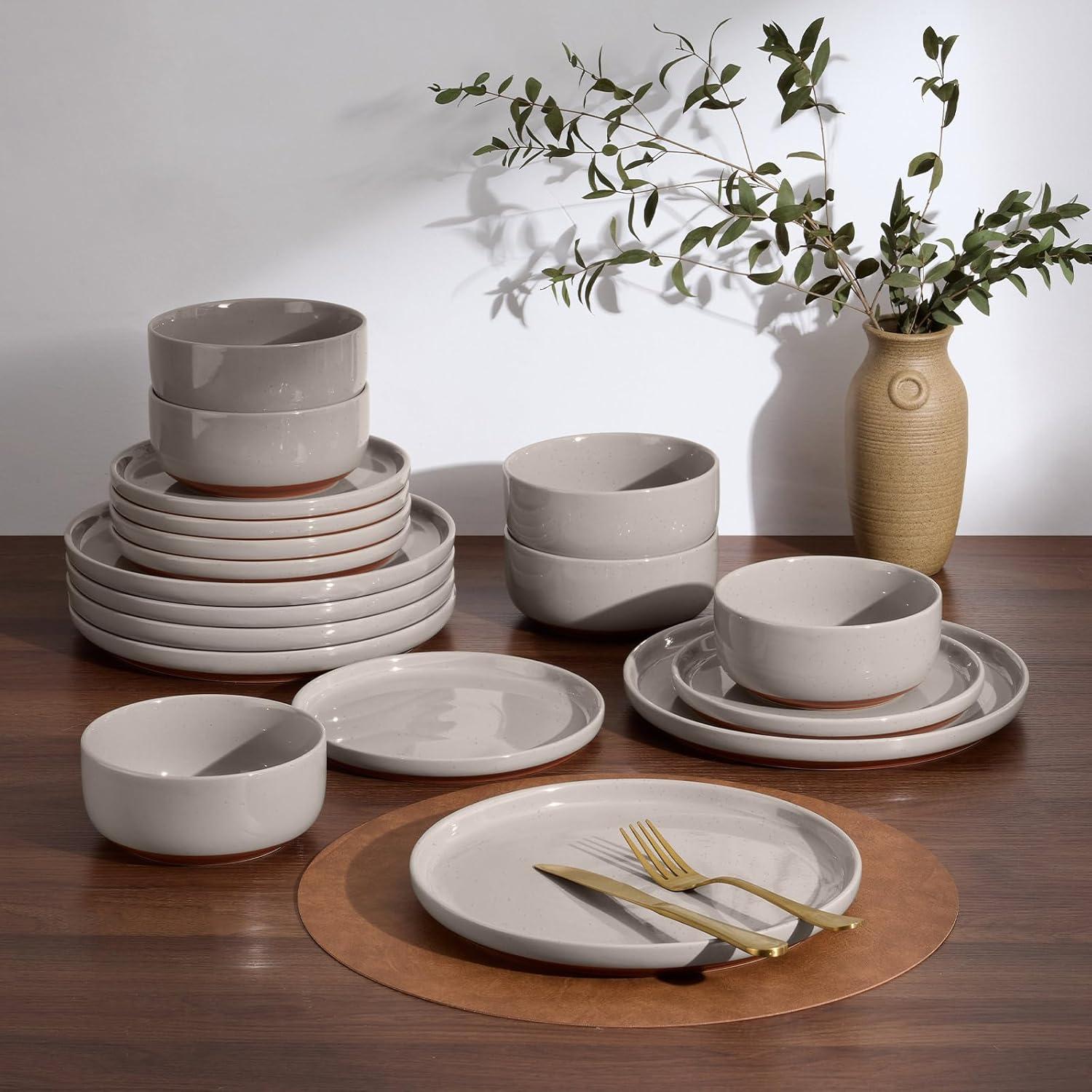 imageEfar 12Piece Stoneware Dinnerware Sets Plates and Bowls Sets for 4 Ceramic Dishware Dishes Set with Terracotta Base Chip amp Scratch Resistant Microwave amp Dishwasher Safe Speckled WhiteWarm Taupe